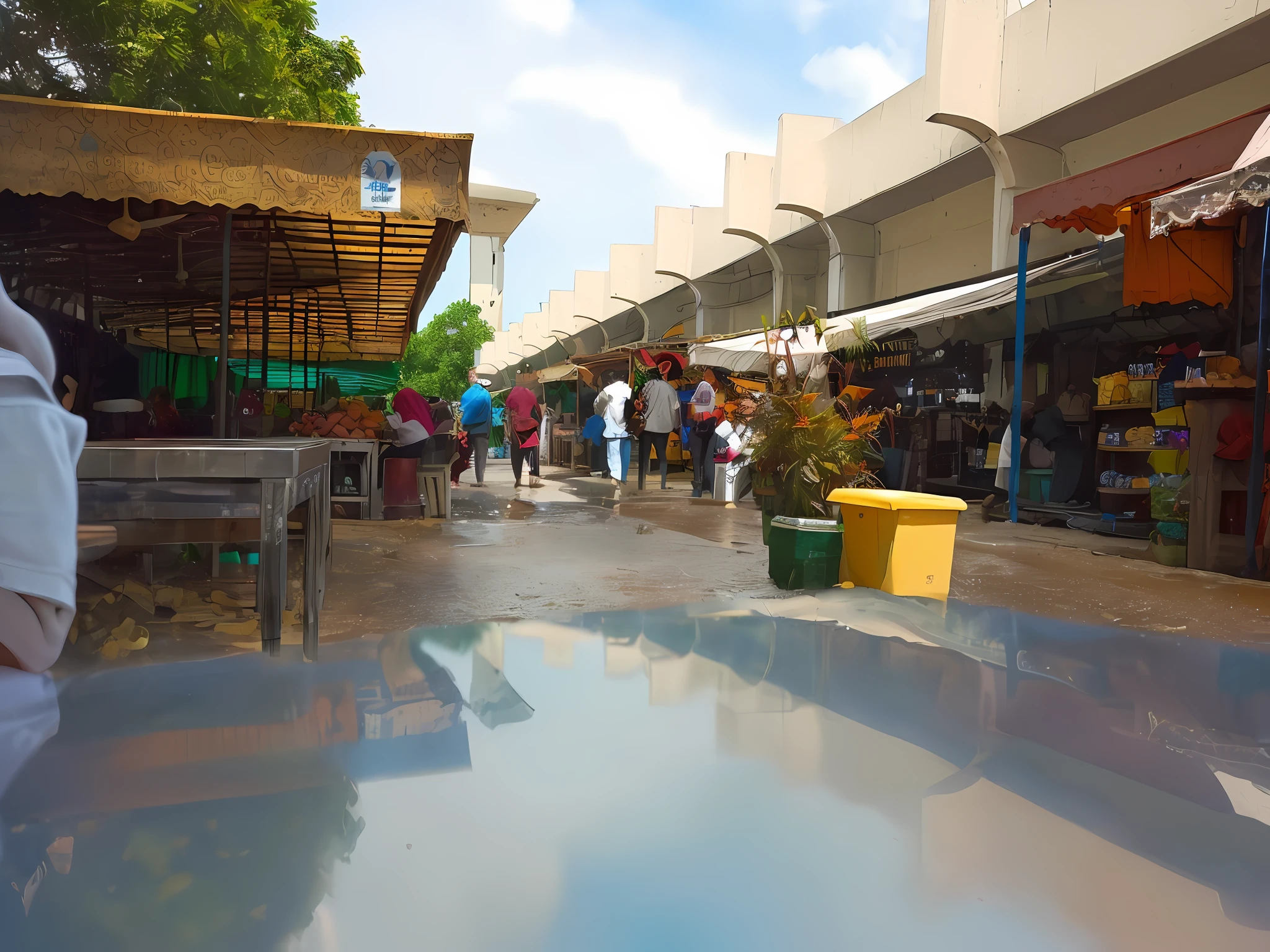 there is a glass of wine sitting on a table in the middle of a street, rows of canteen in background, market, ground - level view, ground-level view, ground level view, the vibrant echoes of the market, busy market, food court, market setting, wet market street, market place, ground level shot, market stalls, people walking around, food stalls. An absolutely mesmerizing sunset over the beach, with a blend of oranges, pinks, and yellows filling the sky. Crystal-clear waters of the sea gently kissing the shore, with sandy white beach stretching far and wide. The scene is dynamic and breathtaking, with seagulls soaring high in the sky and gently swaying palm trees. Take in the calming atmosphere and let the peacefulness wash over you.