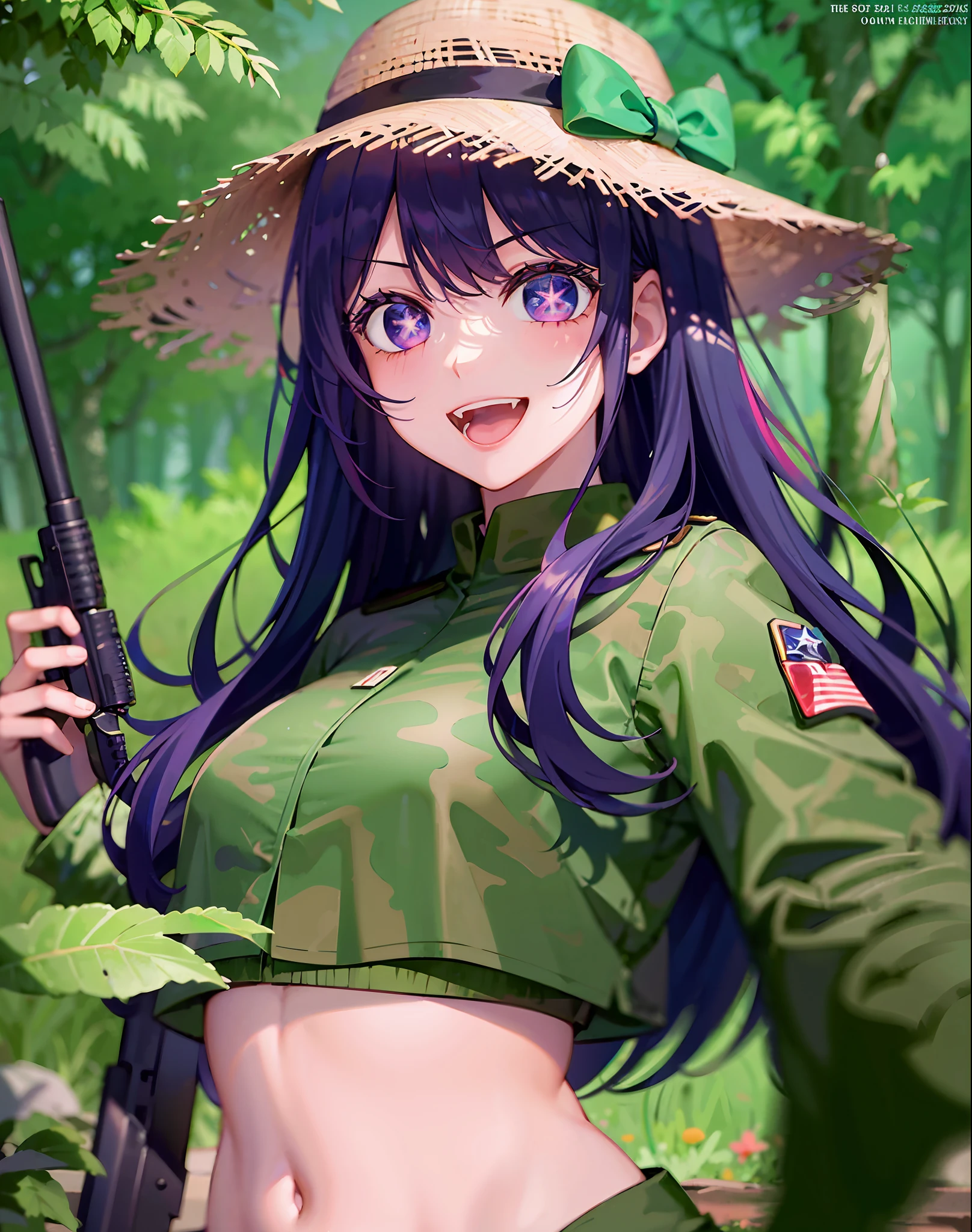 1 girl,((There is a five-pointed star in the eye))Gorgeous Hair in Long Purple,Green camouflage uniform,army suit,Take an AK47 rifle,tussock,Tummy down,AK47 gun,Behind the tree,Smile ,Open mouth