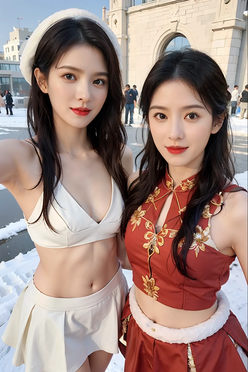 (Masterpiece:1.2),(Photorealsitic:1.5),2girls, duo,navel,Silk,Satin,Skirt,winter,Snow,