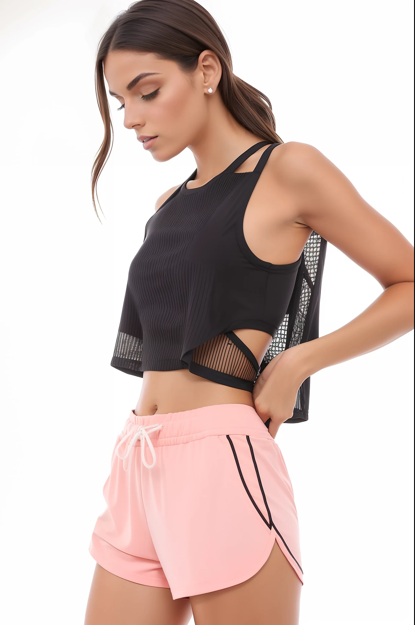 uma mulher de top preto e shorts curtos rosa posando para uma foto, usando uma regata cropped preta, usando uma regata preta cropped, topo de corte, usando um top cropped sexy, camisa de malha, Topo de colheita, usando topo de corte, two piece workout clothes, sport bra and shorts, usando um top cropped, usando um topo de corte, usando um top cropped