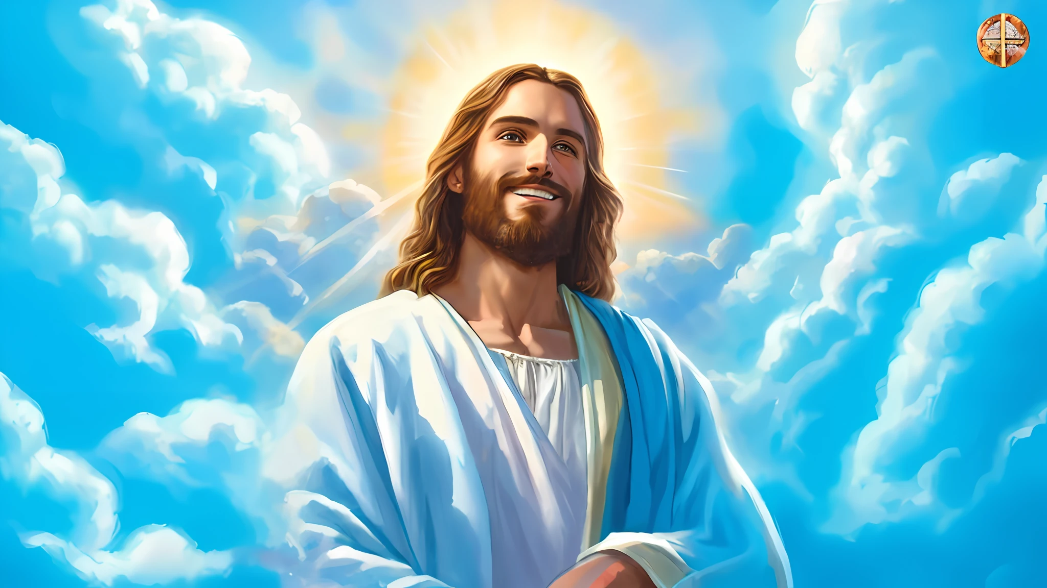 a 3D Realistic of jesus with a halo in the sky, jesus christ, smiling in heaven, portrait of jesus christ, jesus face, 33 young almighty god, portrait of a heavenly god, greg olsen, gigachad jesus, jesus of nazareth, jesus, the face of god, god looking at me, he is greeting you warmly, he is happy, avatar image