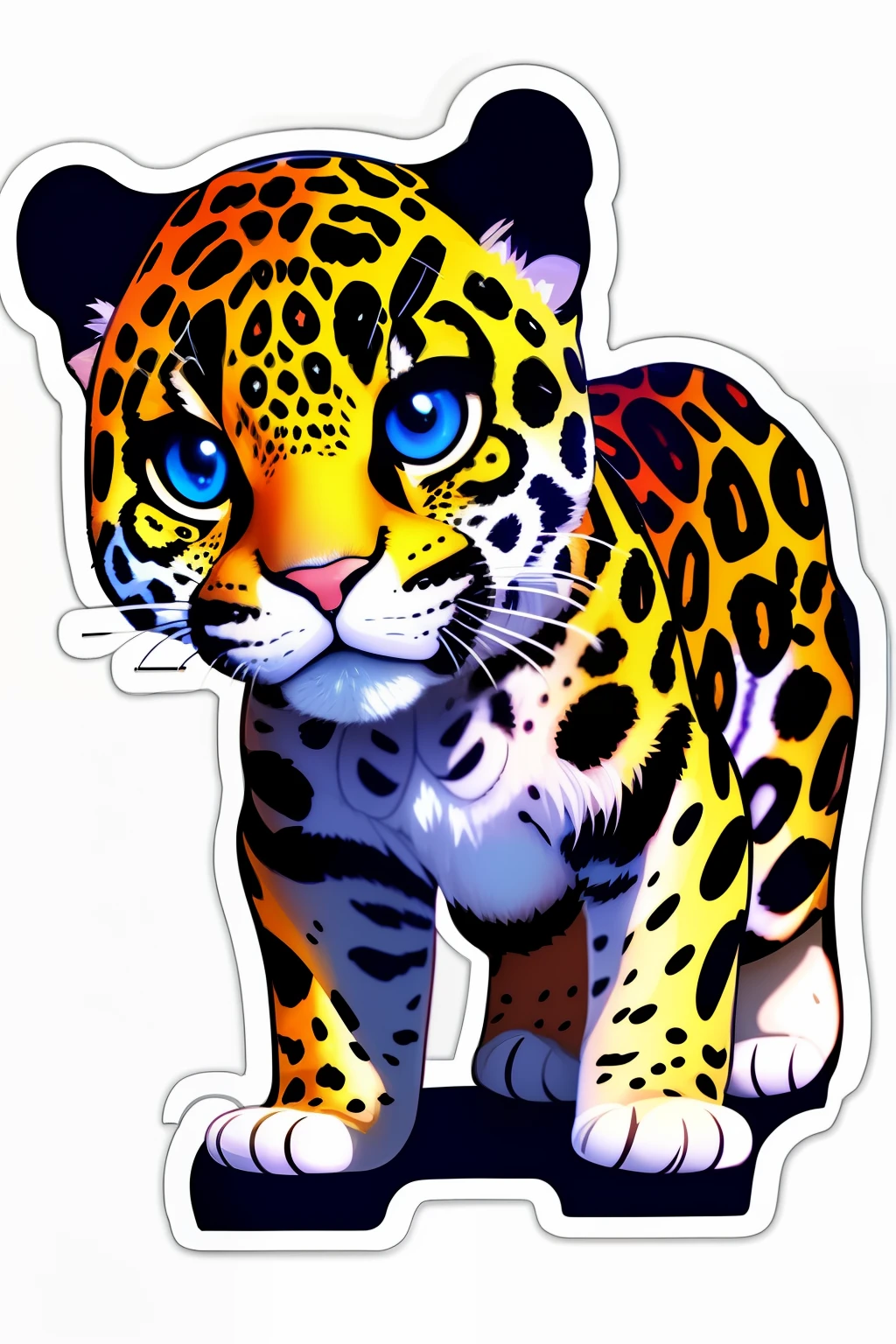 ((stickers)),white background,simple background,concept art,sots art, A cute Kawaii tiny hyper realistic baby jaguar, wearing hip hop clothes, cinematic lighting