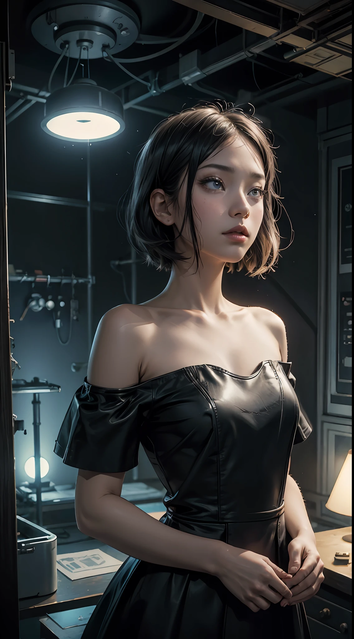 a beauty girl、natta、Onepiece、Plain dress、off shoulders、Floating hair, Short hair, secret room、canny、lab room、Human experimentation、Black Parade、surrealism, Verism, Cinematic lighting, Glowing light, drop shadow, Fisheye, ultra wide-angle, F/16, masutepiece, High quality, high details, Super Detail, Textured skin, Best Quality, 4K