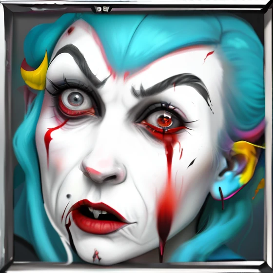 Close-up of a painting of a woman with blood on her face, grim facial expression, symmetrical portrait rpg avatar, cursed images, sinister portrait, expressioness, character icon, Devil's face, scary queen of death, cynical face, insane quality, clean brutal blooded face, devious evil expression, horror face, cutecore clowncore, cursed images