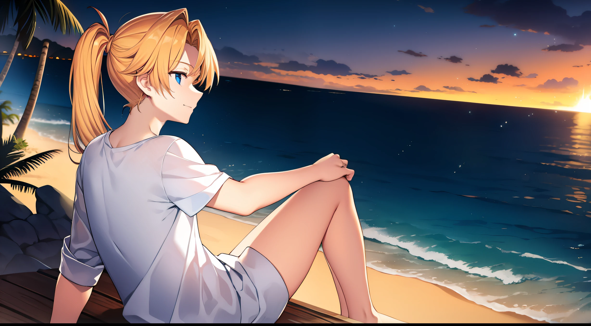 1man,Golden hair,pony tails,blue color eyes,beachside,deep in the night,fire works,swim wears,No bra,Sitting