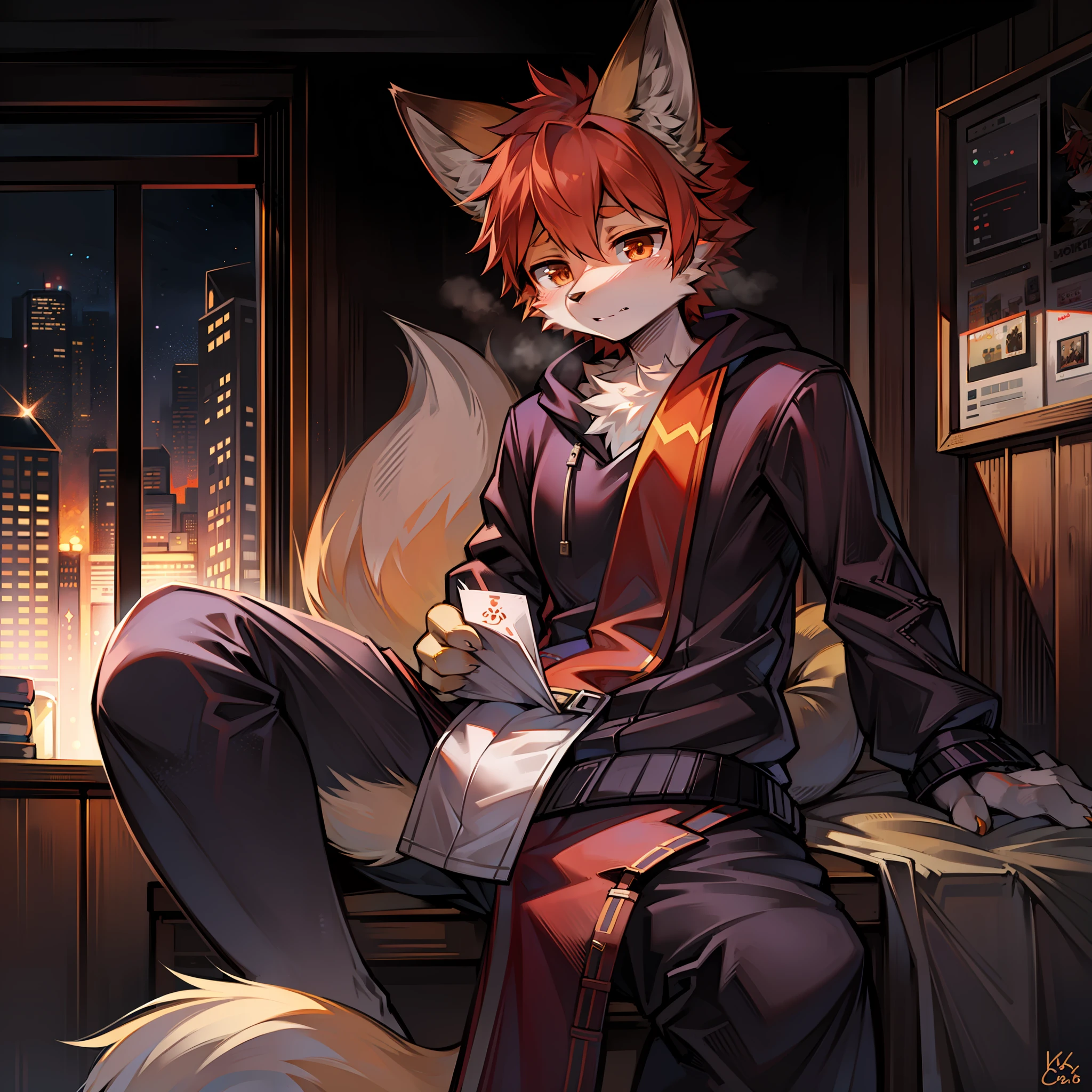 8K, Super detail, ccurate, Best quality,A -yeld fooy sits in his bedroom, There is reddish-orange hair and bright markings. He has a cute drawing style, Intense plush texture, Very delicate fur, animal personification, Fox tail, wearing an outfit, Fox ears, Fox Boy, White, Cute face, Whole body, Looking at the audience