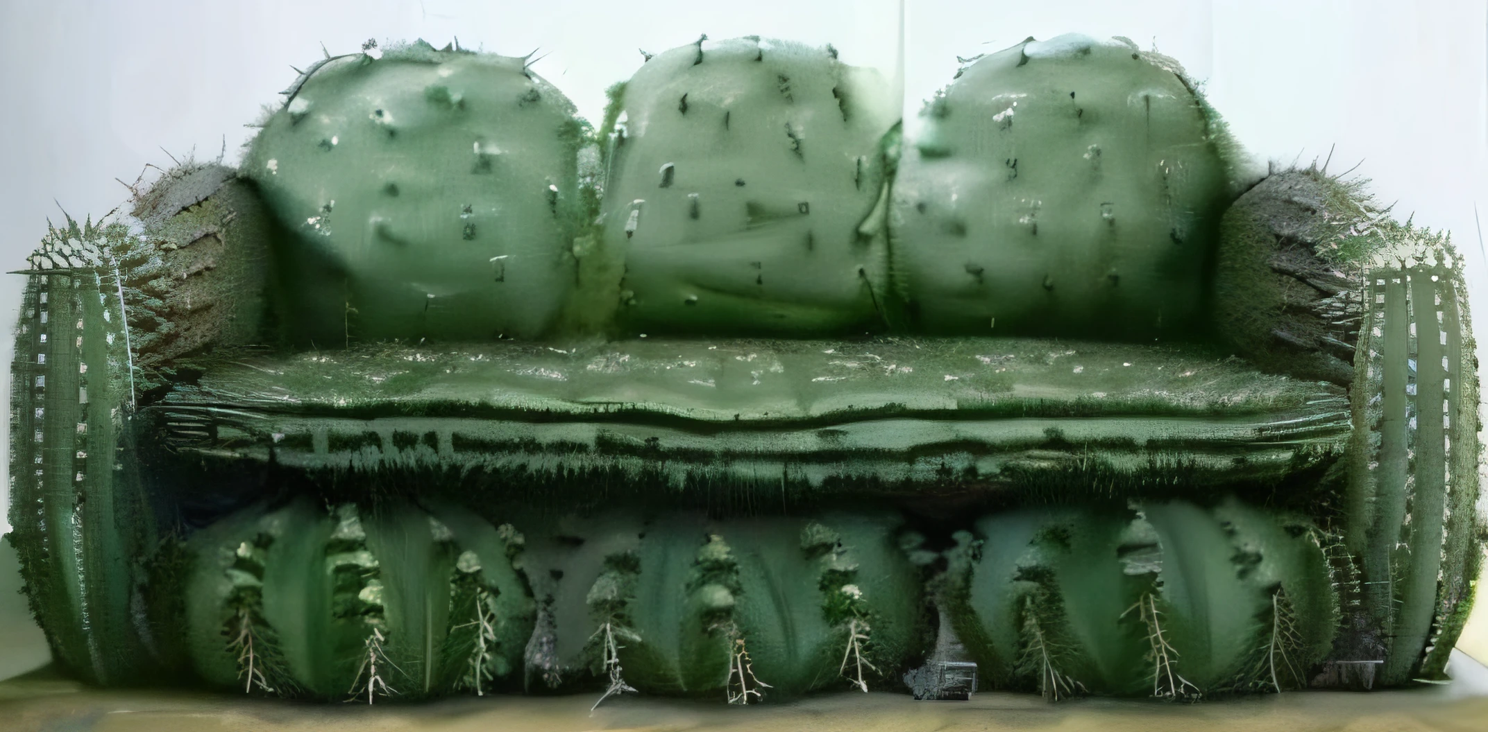Close-up on the sofa,There are cacti on it, Made from cactus spines, cacti, robotic cactus design, cacti, Huge thorns, anthropomorphic cactus, lush green cactus, patchy cactus, cacti everywhere, cant believe it is real, draped with water and spines, very close to real nature, Spines, Saguaro