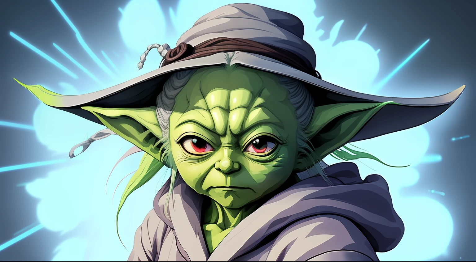 anime Yoda with long gray hair and a hat on, a character portrait inspired by Li Shida, pixiv, auto-destructive art, anime style 4 k, badass anime 8 k, portrait of yoda anime hero, ayaka genshin impact, splash art anime loli, manly anime Yoda, anime Yoda, anime moe artstyle, fierce expression 4k