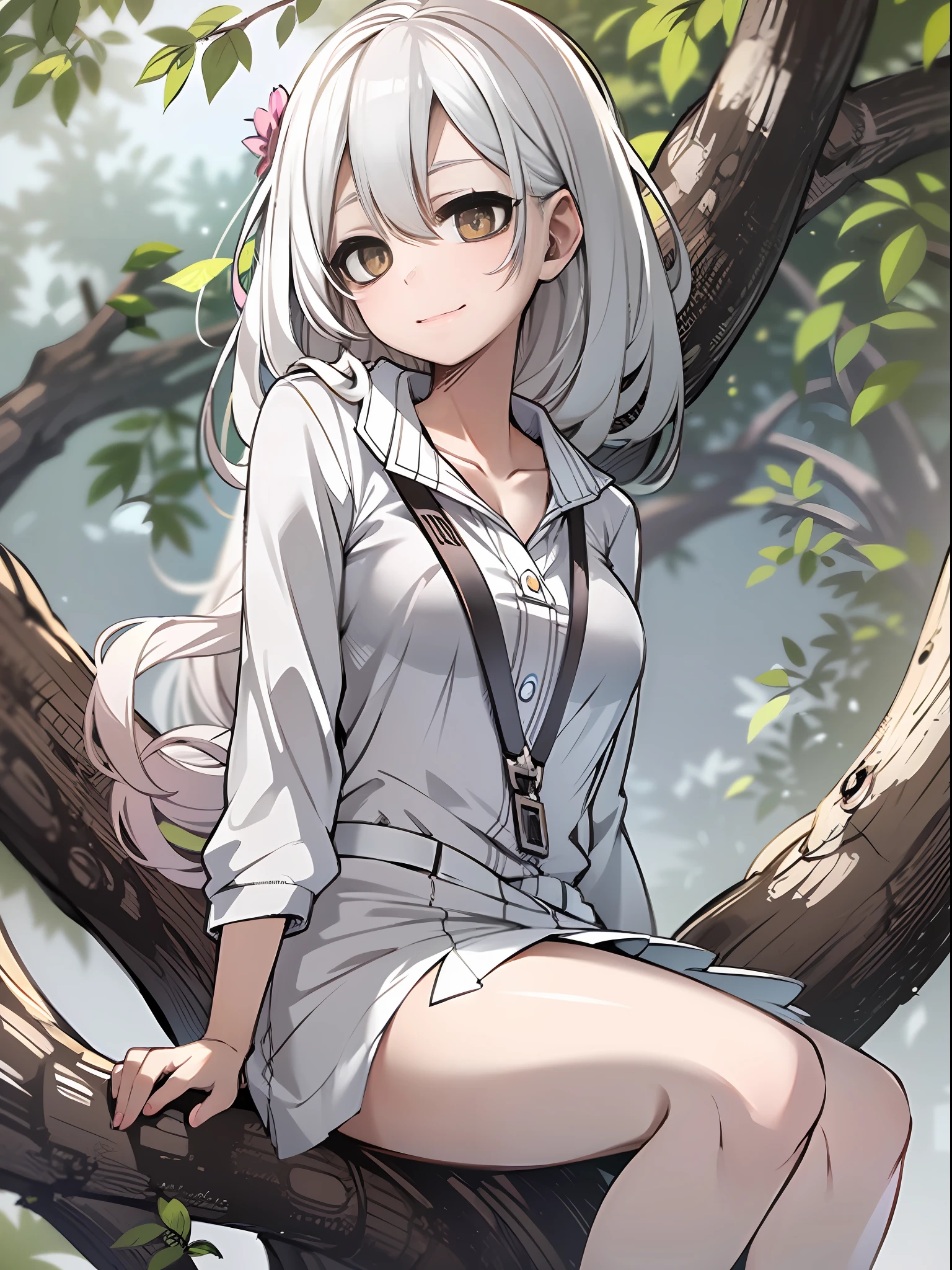 tmasterpiece, beste-Qualit, white colored hair, white eyes, Pressed gaze, medium-length hair, Thin clothing, a 1girl, slight smile, Sitting on a tree, spreading legs