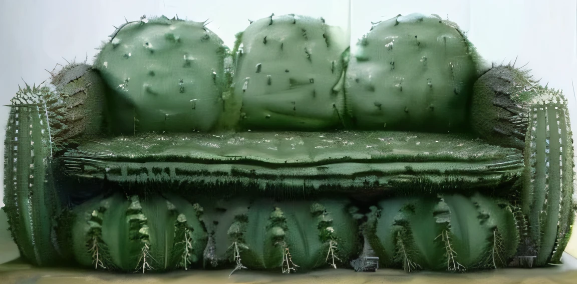 Close-up on the sofa,There are cacti on it, Made from cactus spines, cacti, robotic cactus design, cacti, Huge thorns, anthropomorphic cactus, lush green cactus, patchy cactus, cacti everywhere, cant believe it is real, draped with water and spines, very close to real nature, Spines, Saguaro