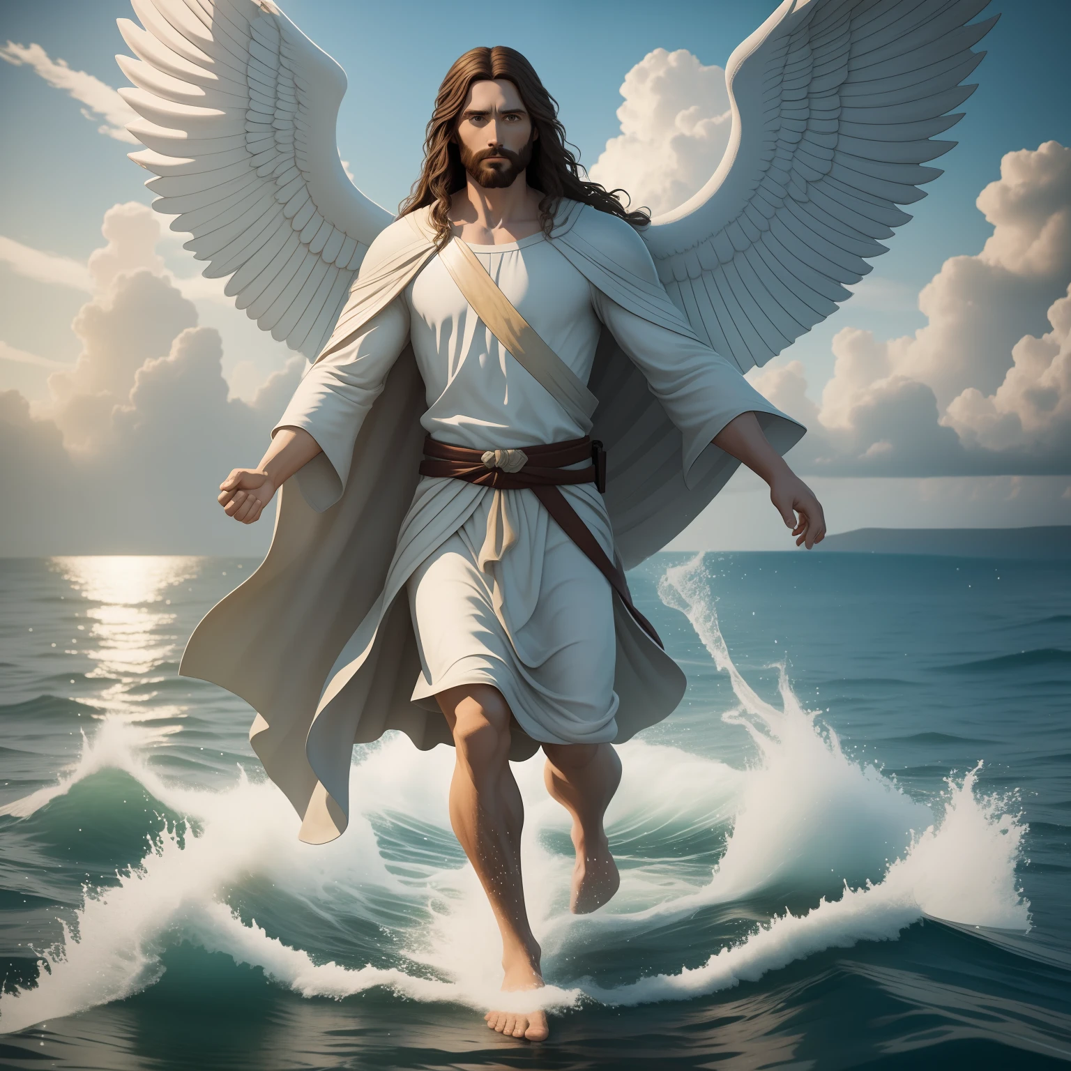 Jesus walking on water with a flying cloud in the background, Jesus walking on water, biblical illustration, epic biblical representation, forcing him to flee, coming out of the ocean, ! holding in hand!, disembarking, god of the ocean, beautiful representation, 8k 3D Model, realistic