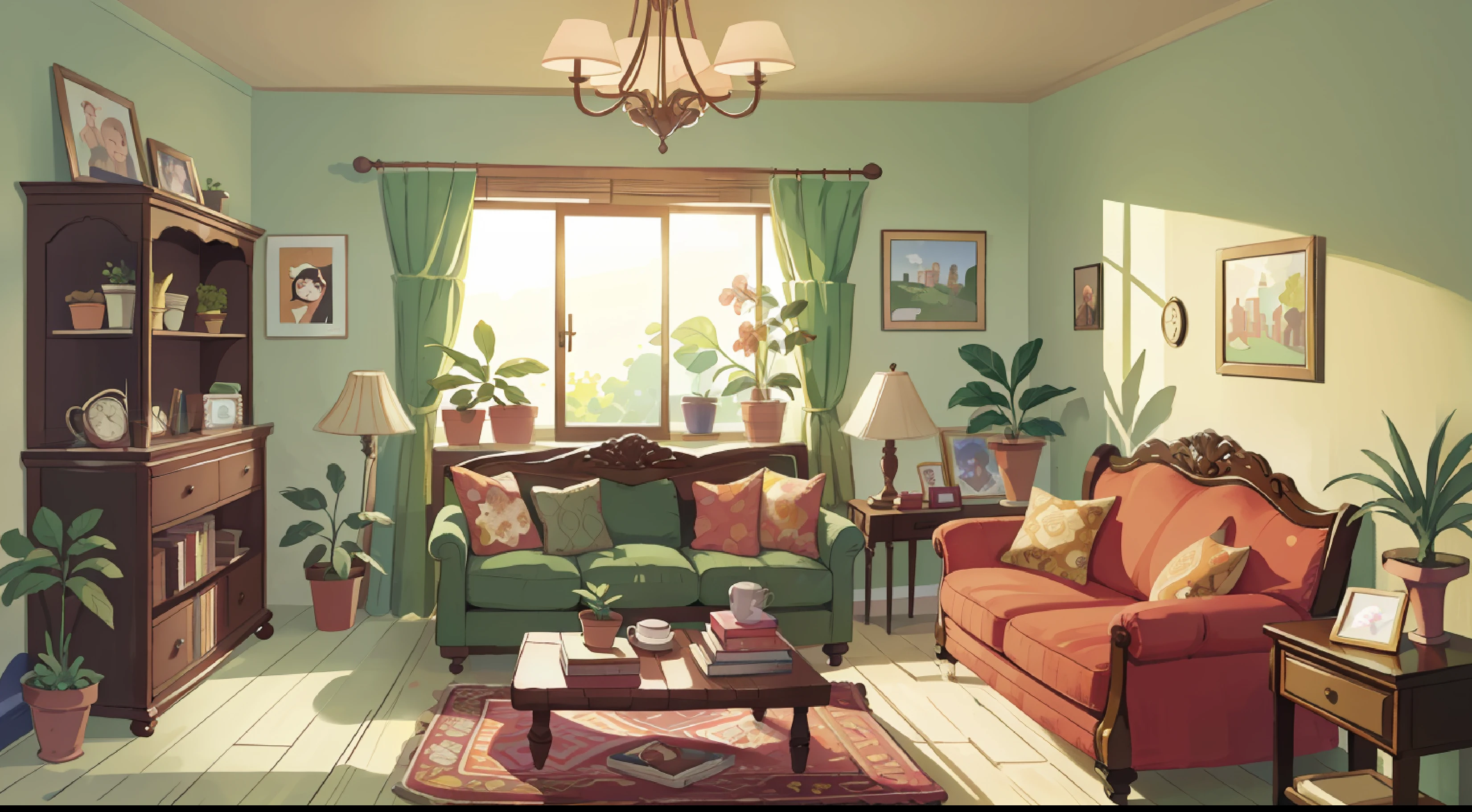 Sofa inside the bedroom,There are potted plants and alarm clocks on the shelves,Some paintings hang on the walls,There is also a large window,In front of the bedroom stands a girl showing details of the character and surroundings, (Detailed face), (8K illustration), (Best quality) (Intricate details) (8K) (Sharp focus)