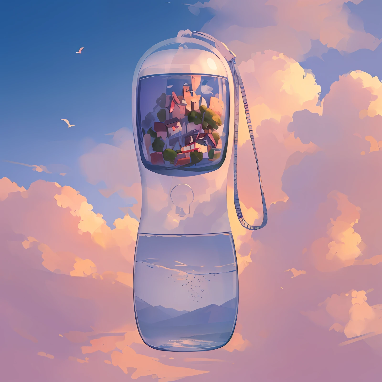 there is a painting of a beautiful mountain lake with birds flying in the sky, detailed scenery —width 672, beautifull puffy clouds. anime, anime landscape wallpaper, anime clouds, anime landscape, beautiful anime scenery, anime beautiful peace scene, beautiful anime scene, fluffy pink anime clouds, ross tran. scenic background, anime sky, anime scenery, anime background