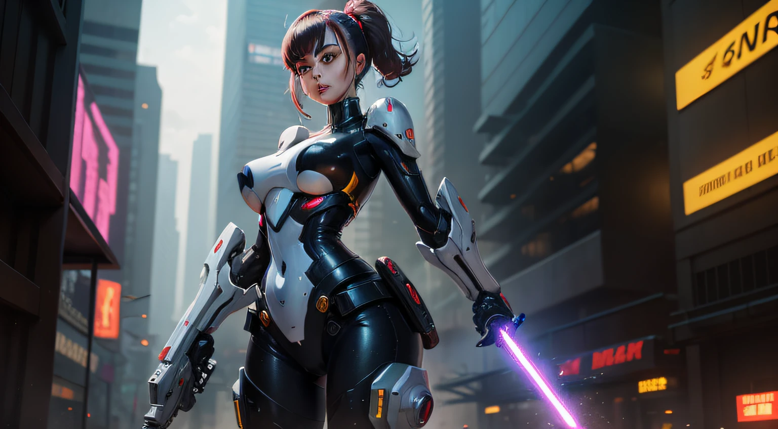 A mecha beauty with a bumpy figure in the cyberpunk world with a laser sword in hand