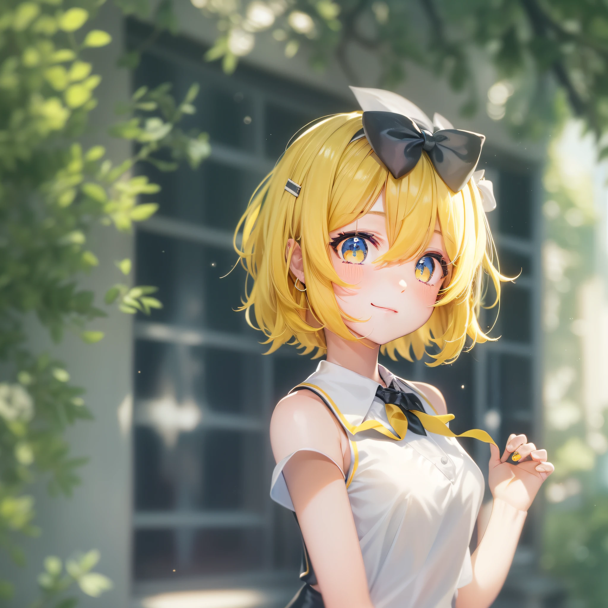 closed mouth,1girl, solo, simple back ground, masterpiece, best quality, kagamine rin, yellow hair, outdoors,hair ornament, {{{light smile}}}, hairclip, blue eyes, looking at viewer, sailor collar, short hair, yellow neckerchief, neckerchief, bow, upper body, hair bow, shirt, bangs, sleeveless, yellow nails, black sailor collar, white shirt, sleeveless shirt, swept bangs, nail polish, treble clef, white bow