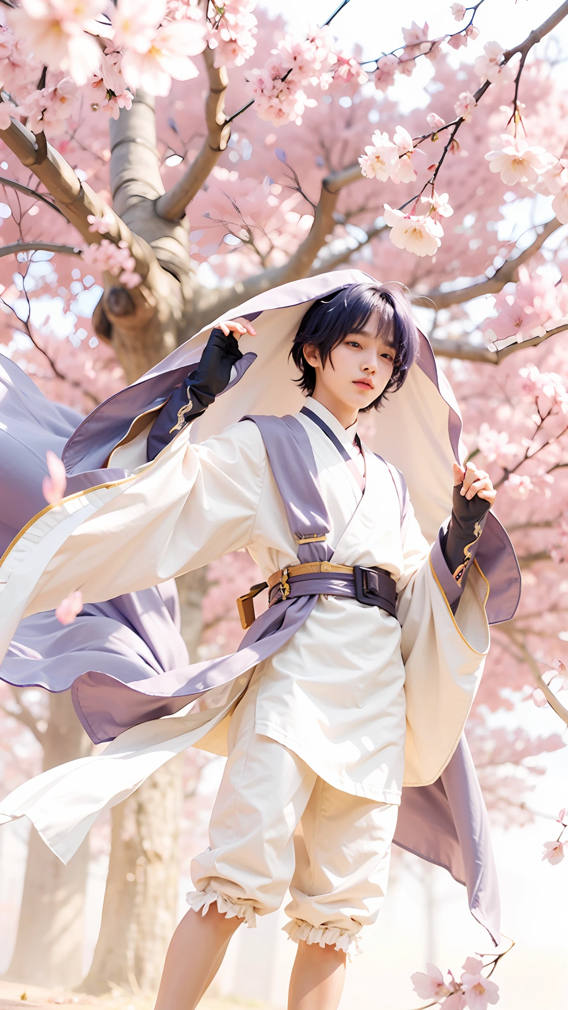 Boy with short hair, Korean face, Handsome boy, Handsome boy, Purple eyes, dark-blue hair, Facial light and shadow,white hanfu,White cloak,plain face, Movie lighting, Masterpiece, super detailing, high qulity, highly details, A high resolution, 4K, Award-winning, White, cosplay, lighting, Cherry blossoms under cherry blossom trees, Cherry blossoms flutter in the air, Movie lighting, Masterpiece, super detailing, High quality, highly details, A high resolution, 4K, Award-winning,,Movie lighting, Film graininess, An art, Lifelike gorgeousness, Boy's Light, Face and shadow photography,Qi bangs,Thick bangs