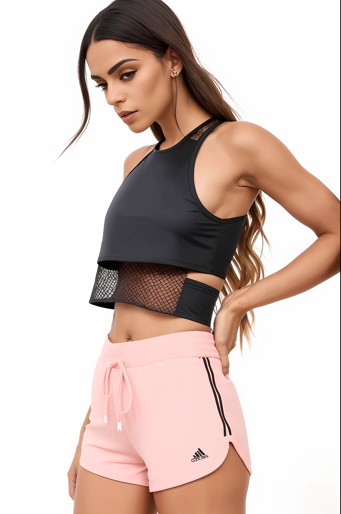 uma mulher de top preto e shorts curtos rosa posando para uma foto, usando uma regata cropped preta, usando uma regata preta cropped, topo de corte, usando um top cropped sexy, camisa de malha, Topo de colheita, usando topo de corte, two piece workout clothes, sport bra and shorts, usando um top cropped, usando um topo de corte, usando um top cropped, shorts muito curto