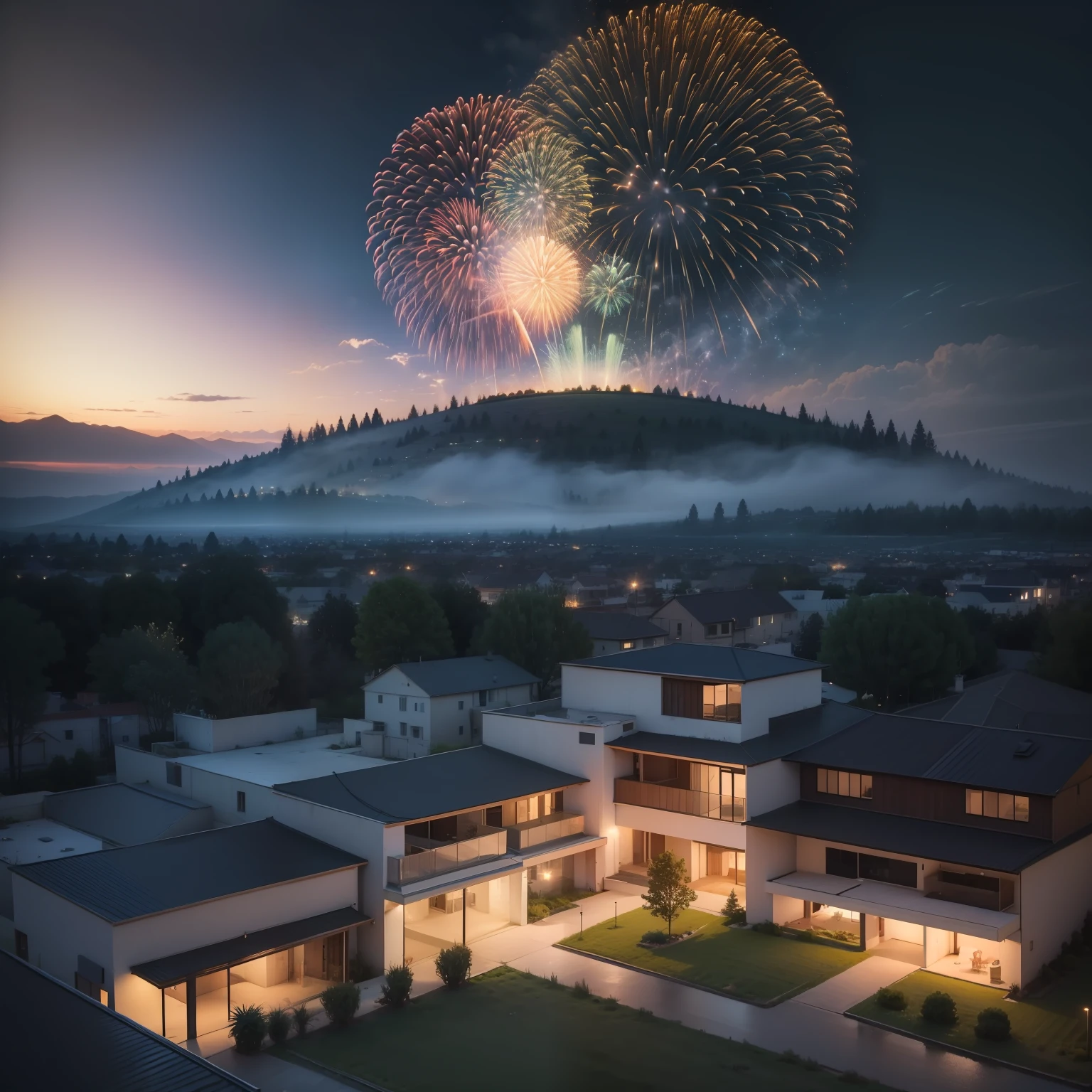 ((Masterpiece, Best quality))，8K，Huge fireworks in the sky at night，beautiful fireworks，bird's eyes view，Vast green space，Render renderings，nighttime scene