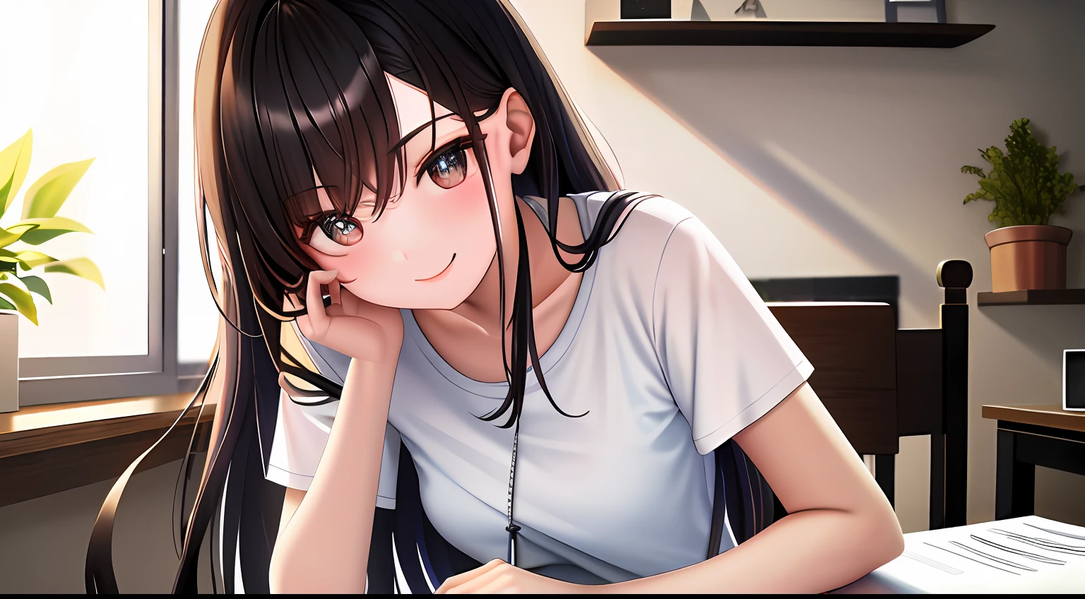 ​masterpiece, top-quality, hight resolution, a 1 girl, Loose white t-shirt、 Girl sitting on chair studying drafting at desk,、Beautie、Appeal、 20 years old、Have good eyes、Unclear、Beautiful fece、A smile