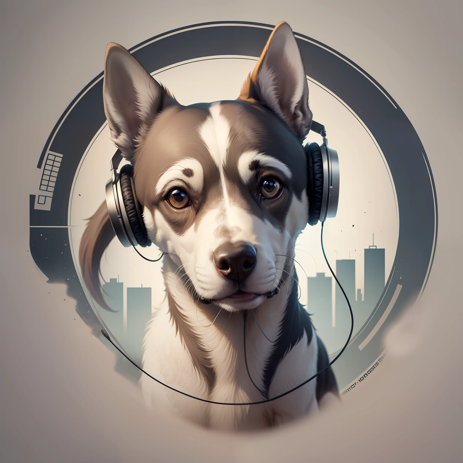 Whippet with headphones, mottled style, clean, simple, white background, professional tshirt design vectorEnclosed in a circle.
