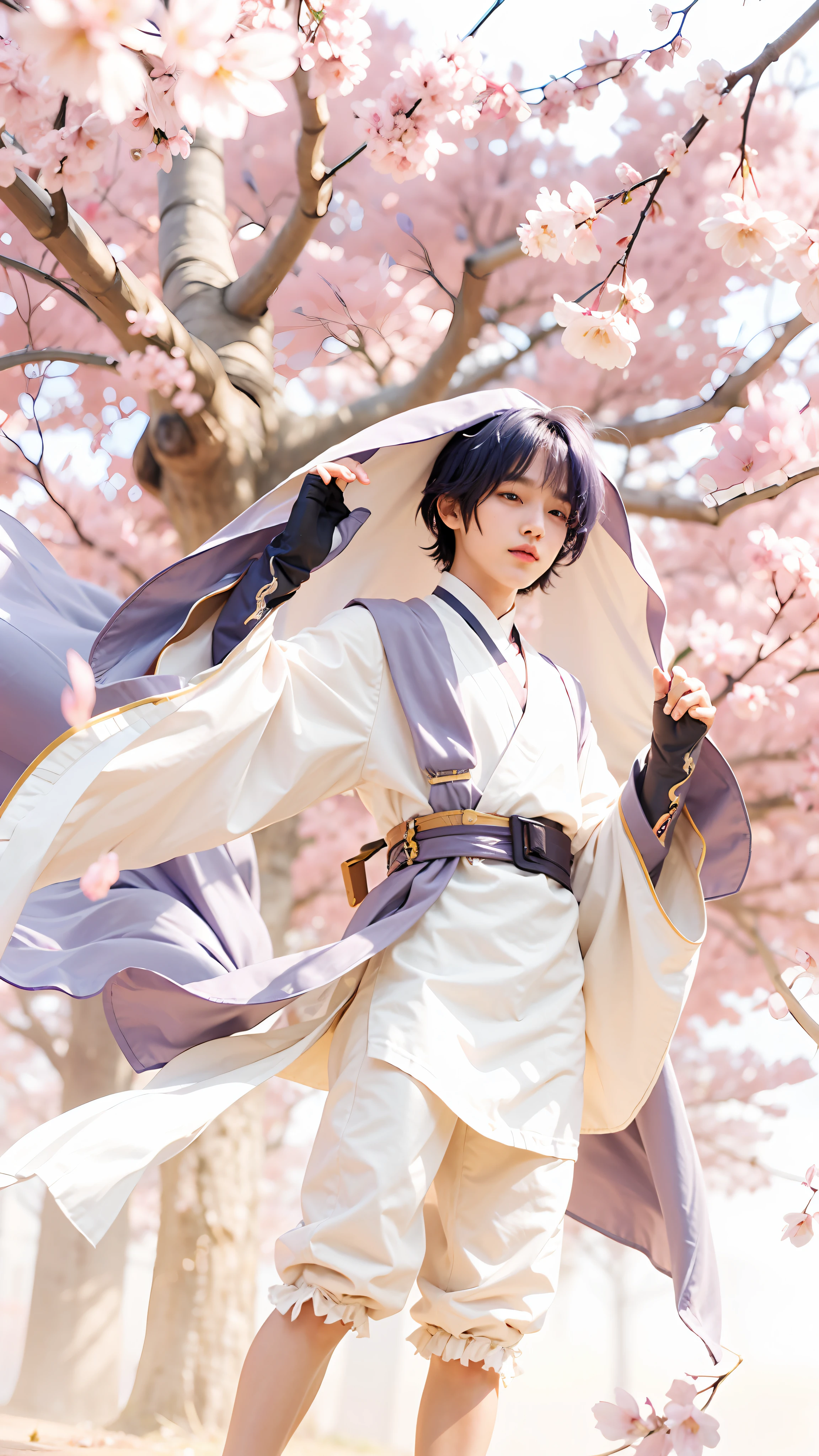 Boy with short hair, Korean face, Handsome boy, Handsome boy, Purple eyes, dark-blue hair, Facial light and shadow,white hanfu,White cloak,plain face, Movie lighting, Masterpiece, super detailing, high qulity, highly details, A high resolution, 4K, Award-winning, White, cosplay, lighting, Cherry blossoms under cherry blossom trees, Cherry blossoms flutter in the air, Movie lighting, Masterpiece, super detailing, High quality, highly details, A high resolution, 4K, Award-winning,,Movie lighting, Film graininess, An art, Lifelike gorgeousness, Boy's Light, Face and shadow photography,Qi bangs,Thick bangs