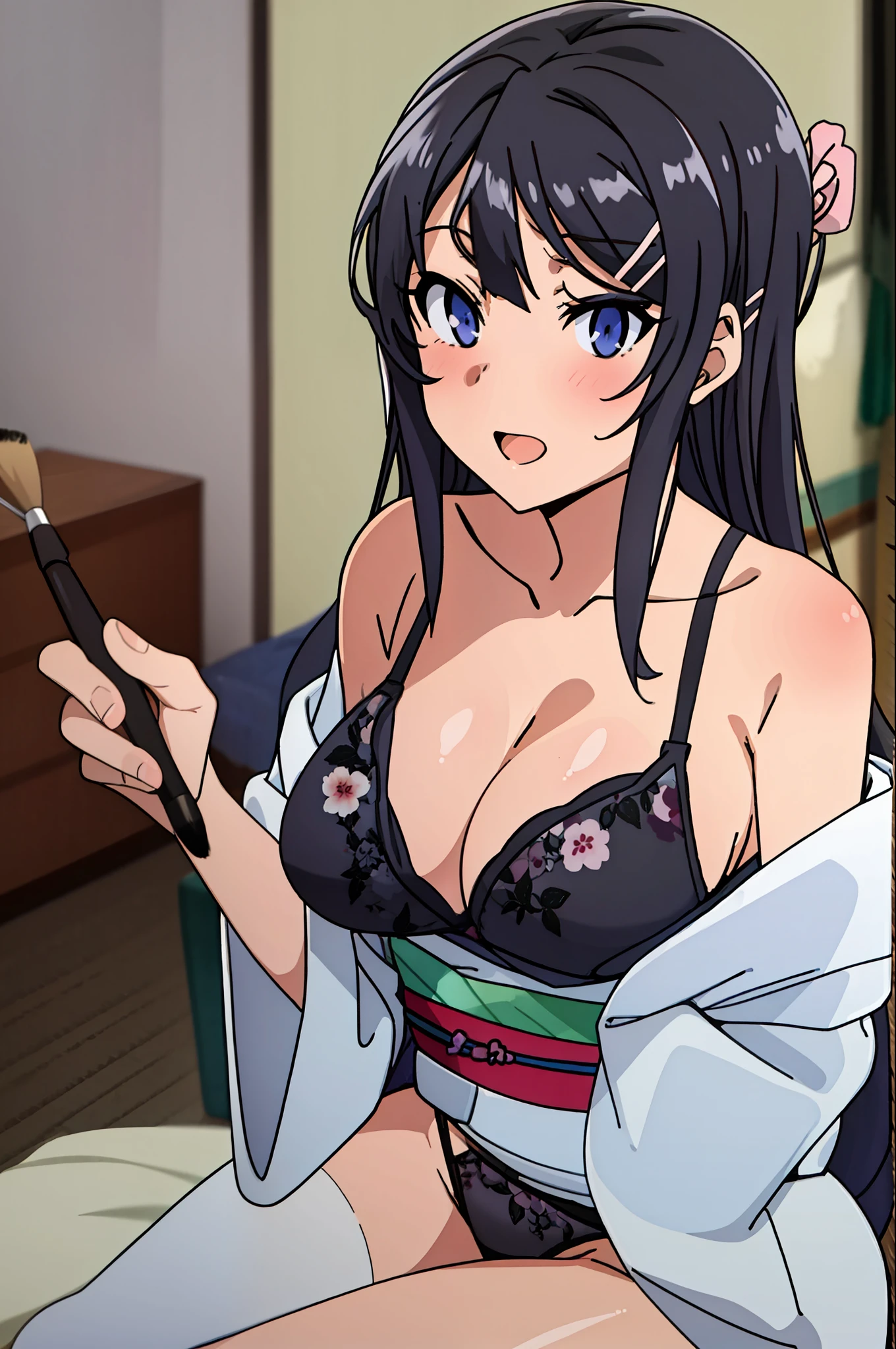 sakurajima mai, mai-san, (masterpiece), 1girl, japanese clothes, solo, sexy kimono, kimono, show panties, show bra, black panties, black bra, medium breasts, cleavage, blush, paintbrush, calligraphy brush, bedroom background, ink, bare breasts, off breast, looking at viewer, sash, smile, collarbone, sitting, obi, floral print, wide sleeves, parted bangs, between breasts, holding, open mouth, nsfw, low-necked, sexy, (high resolution)