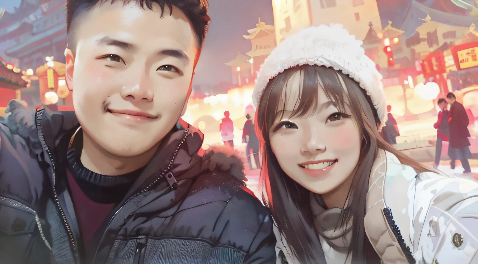 ahappy couple,Selfie in front of the ancient city,China-style,Brilliantly lit