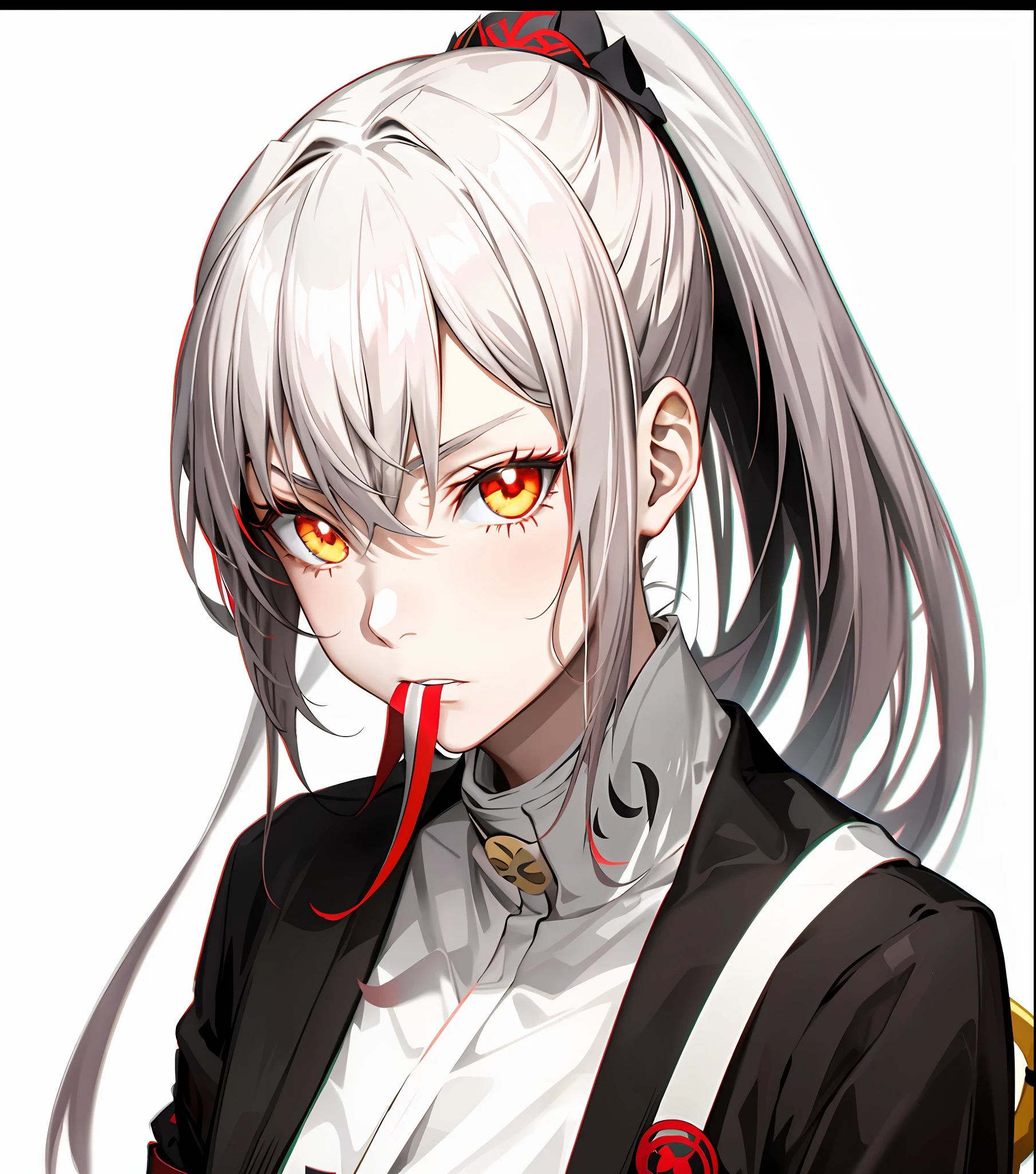 Anime girl with golden eyes and biting a red hairband black samurai light armor, Katana in hand,Soji Okita in fate