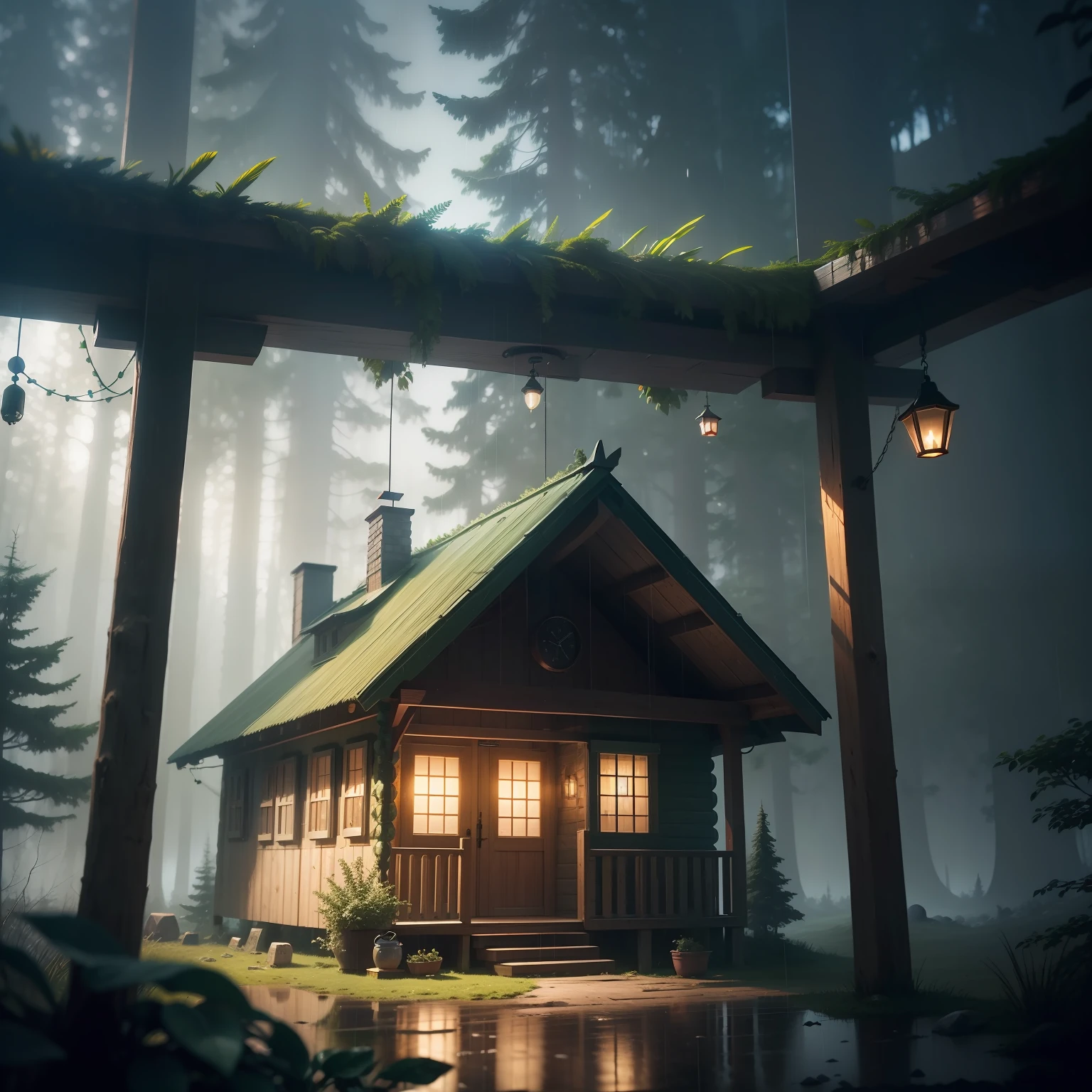 Outdoor rainy days,Uninhabited forest hut,Wind chimes sound with the wind,Surrealism, Romanticism, vignetting, cinematic lighting, 8k, super detail, high quality