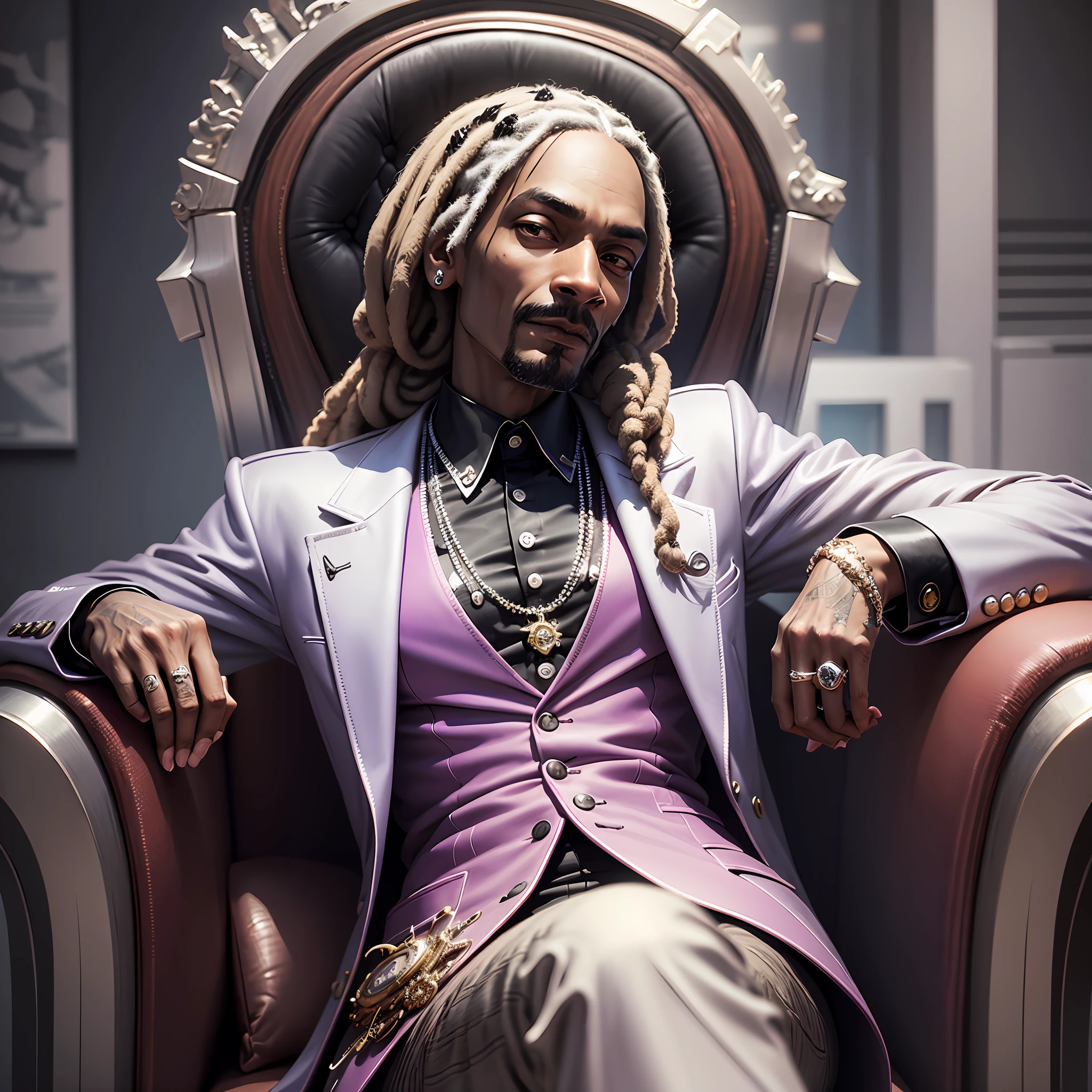 a professional photo of Snoop Dogg, Mark Ryden, sitting in an armchair, wearing a futuristic suit, looking at the camera, focusing on his face, realistic, dsrl, canon, sony, rhinestone-encrusted, in a white and silver, futuristic, style blingcore, ultra detailed, ultra realistic, unreal engine, UHD image - raw style --auto --s2