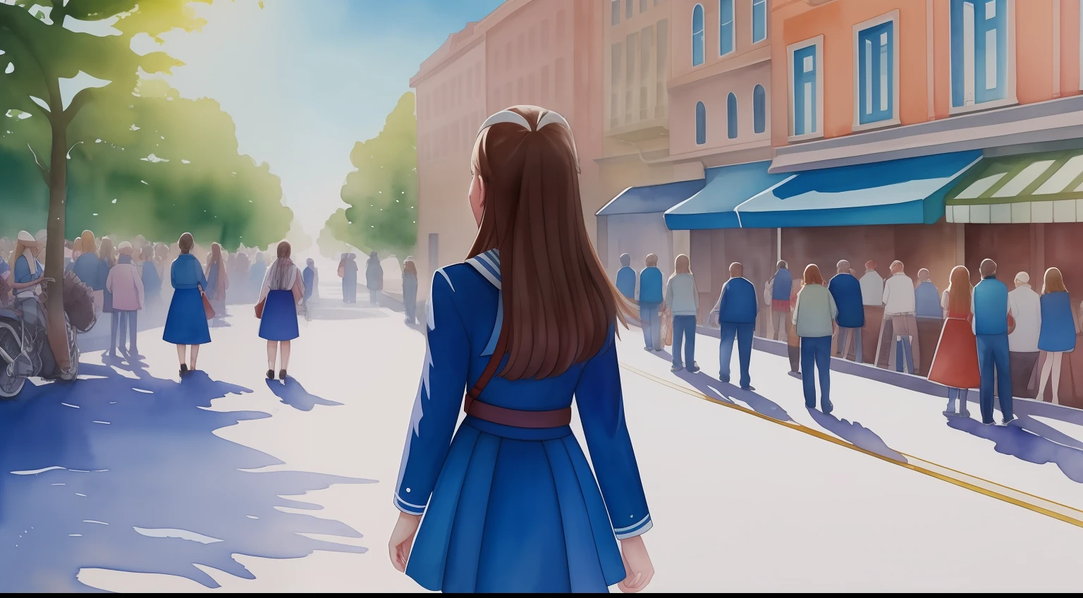 High school girl looking up at blue sky in crowded streets,Rear view,top-quality, mystical fantasy, Solitude,watercolor paiting