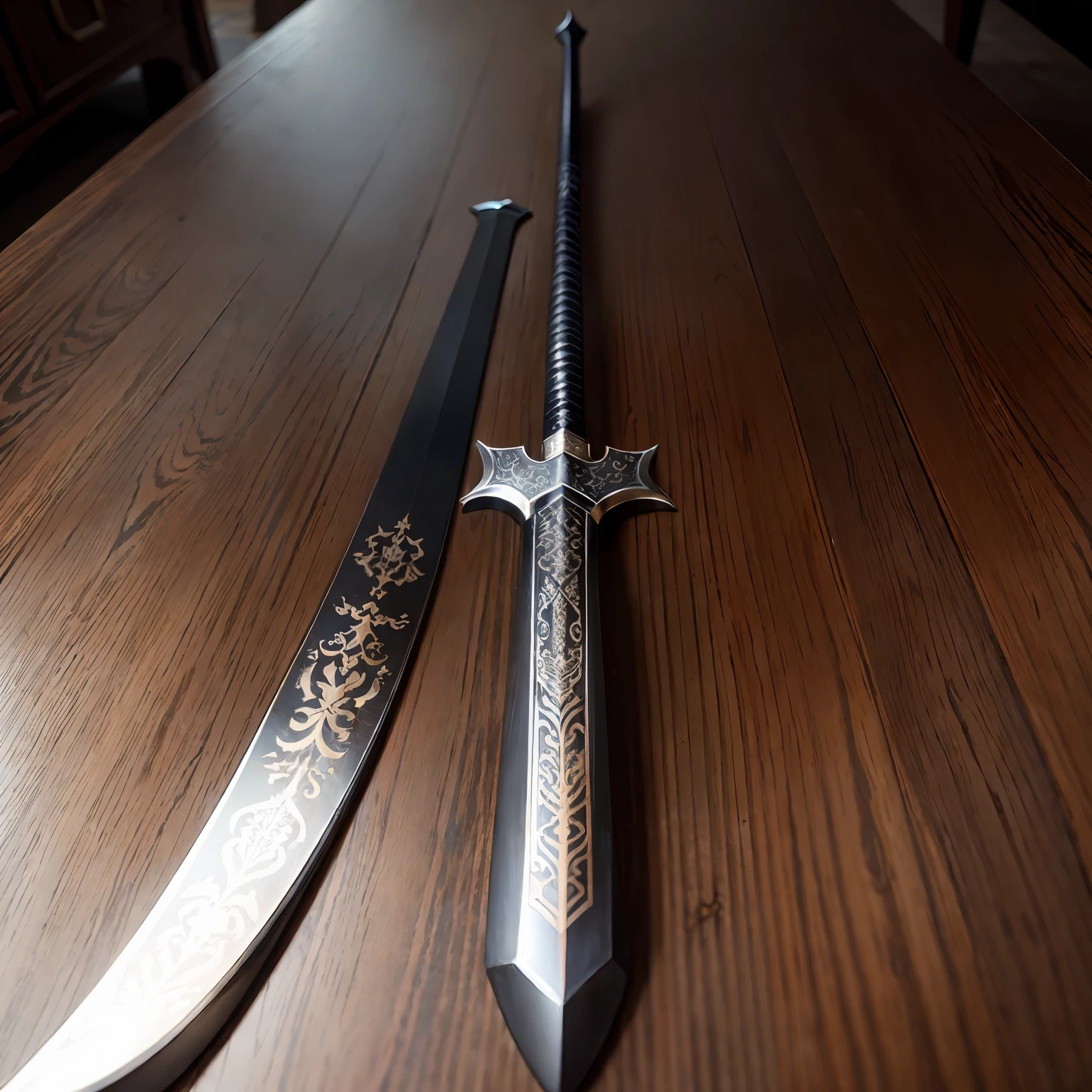 A black longsword engraved with the word Wuji。