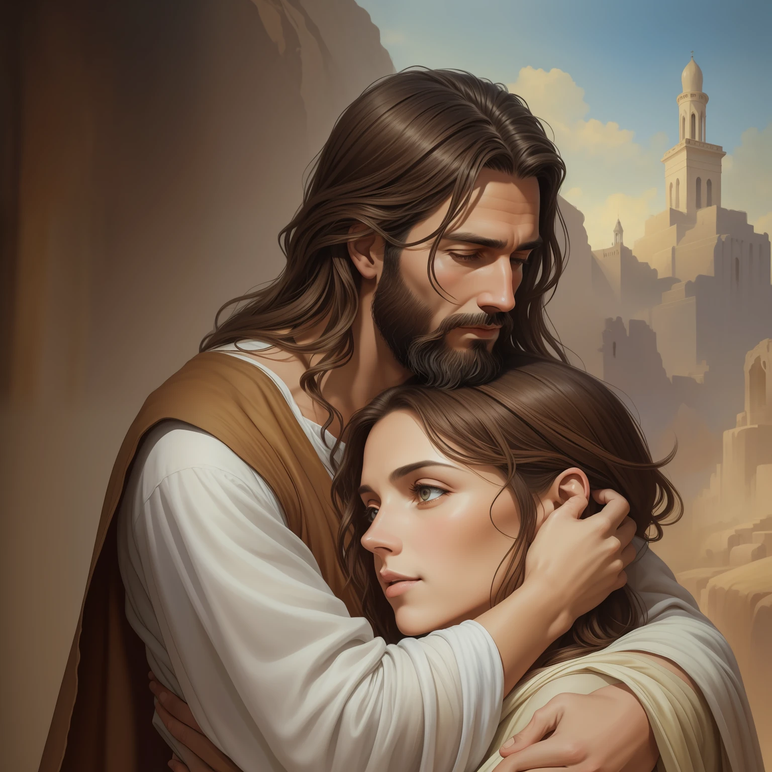 A beautiful ultra-thin realistic portrait of Jesus, the prophet, a man 34 years old Hebrew brunette, short brown hair, long brown beard, with, falling woman in arms, wearing long linen tunic closed on the chest part, in front view, full body, biblical, realistic,by Diego Velázquez,Peter Paul Rubens,Rembrandt,Alex Ross,8k, Concept Art, PhotoRealistic, Realistic,  Illustration, Oil Painting, Surrealism, HyperRealistic, hugging in  arms , Digital art, style, watercolor