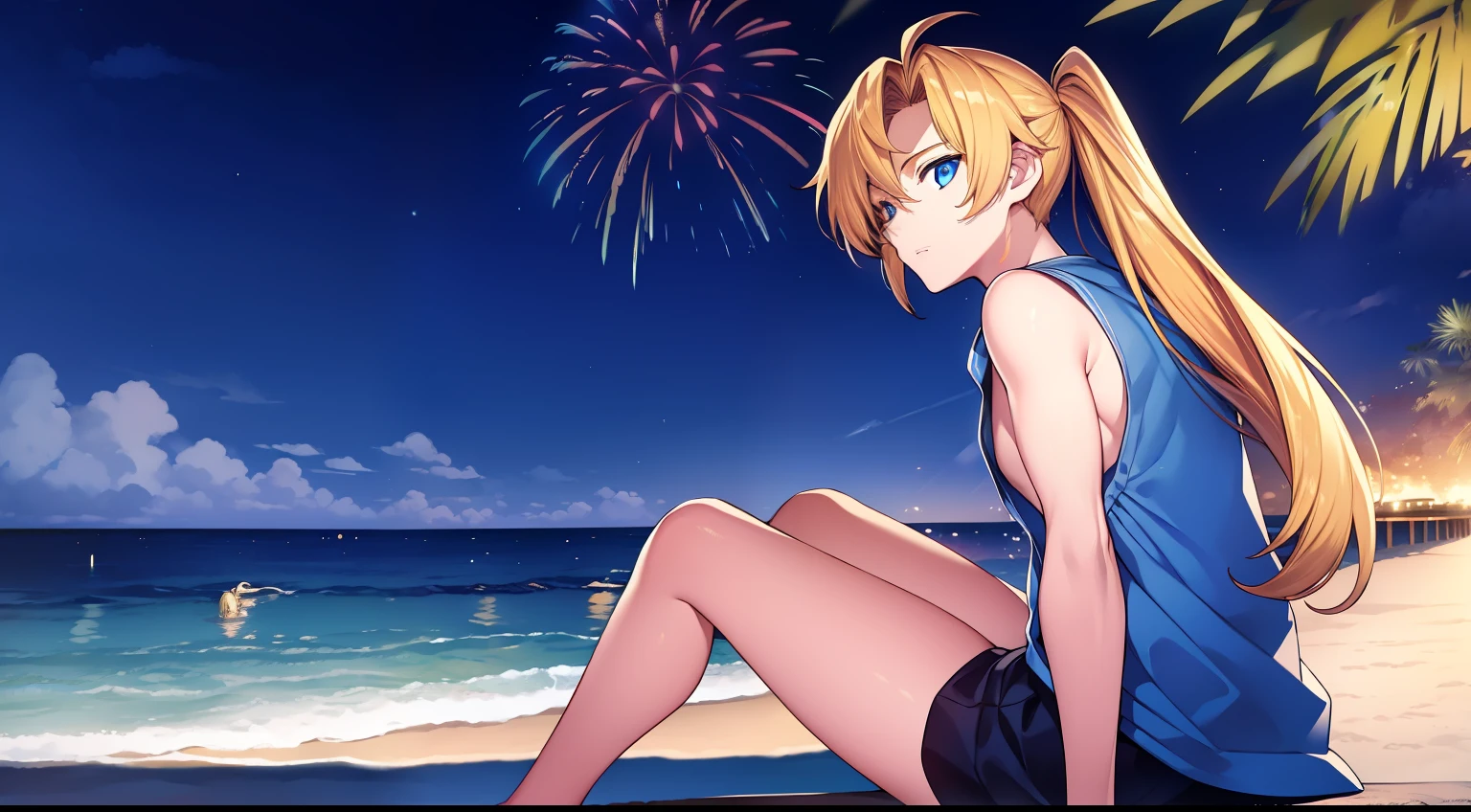 1man,Golden hair,pony tails,blue color eyes,beachside,deep in the night,fire works,swim wears,No bra,Sitting