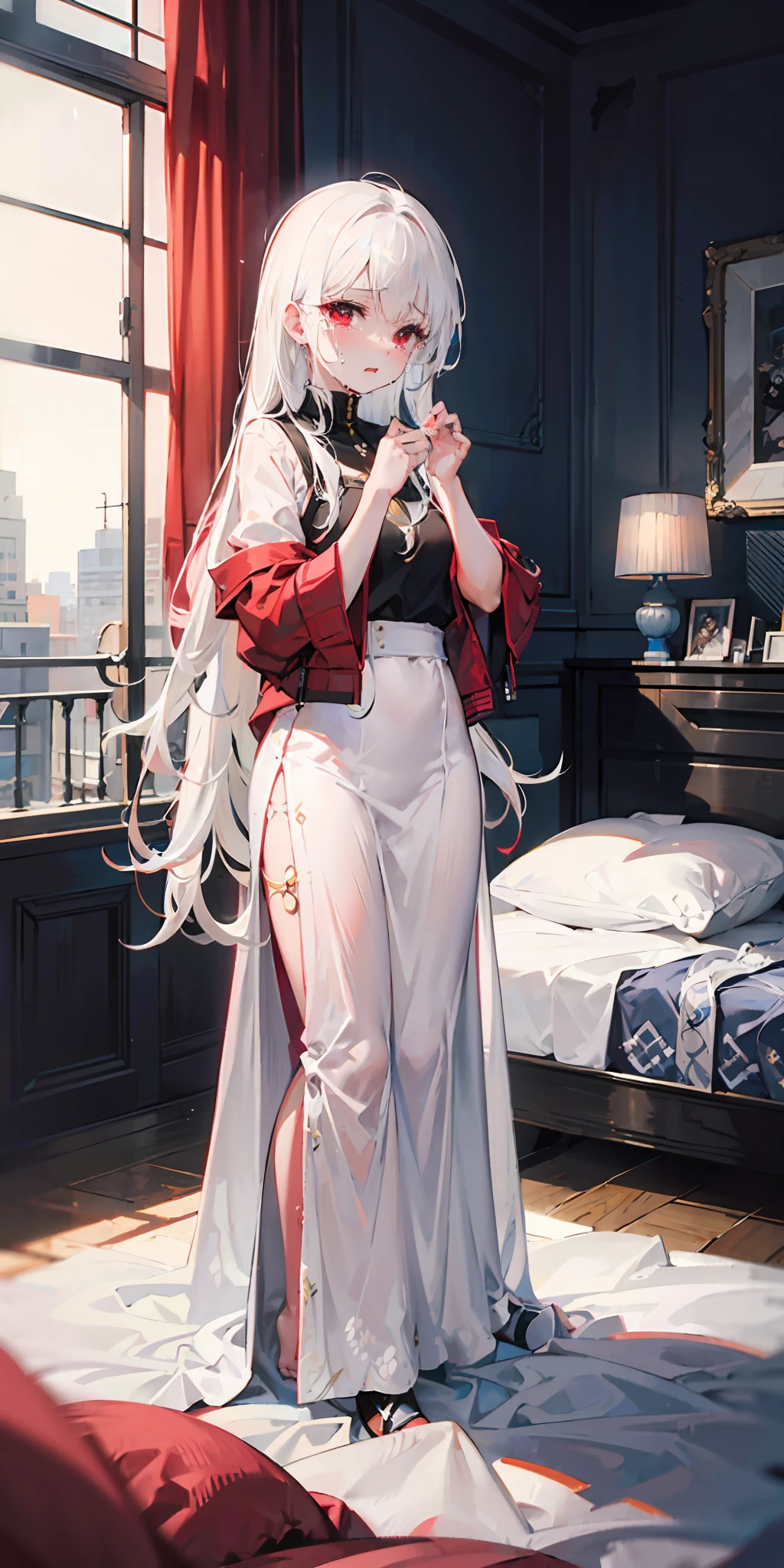 White hair, Long hair, Red eyes, Senior sister, inns, Bed, Messy clothes, Tears, Drooling, Flushed face, Conquered