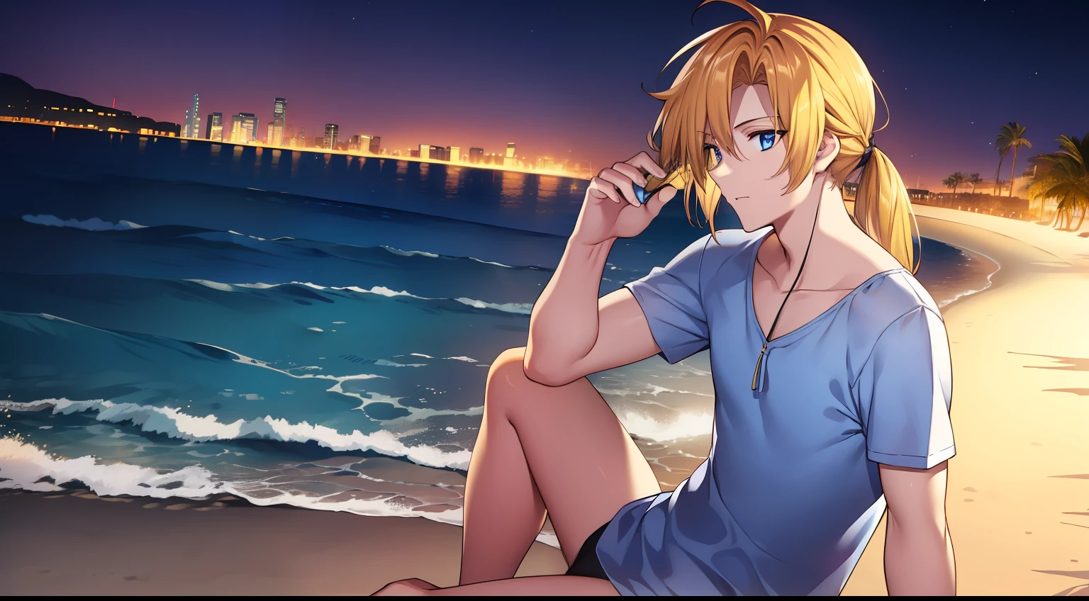 1man,Golden hair,pony tails,blue color eyes,beachside,deep in the night,fire works,swim wears,No bra,Sitting
