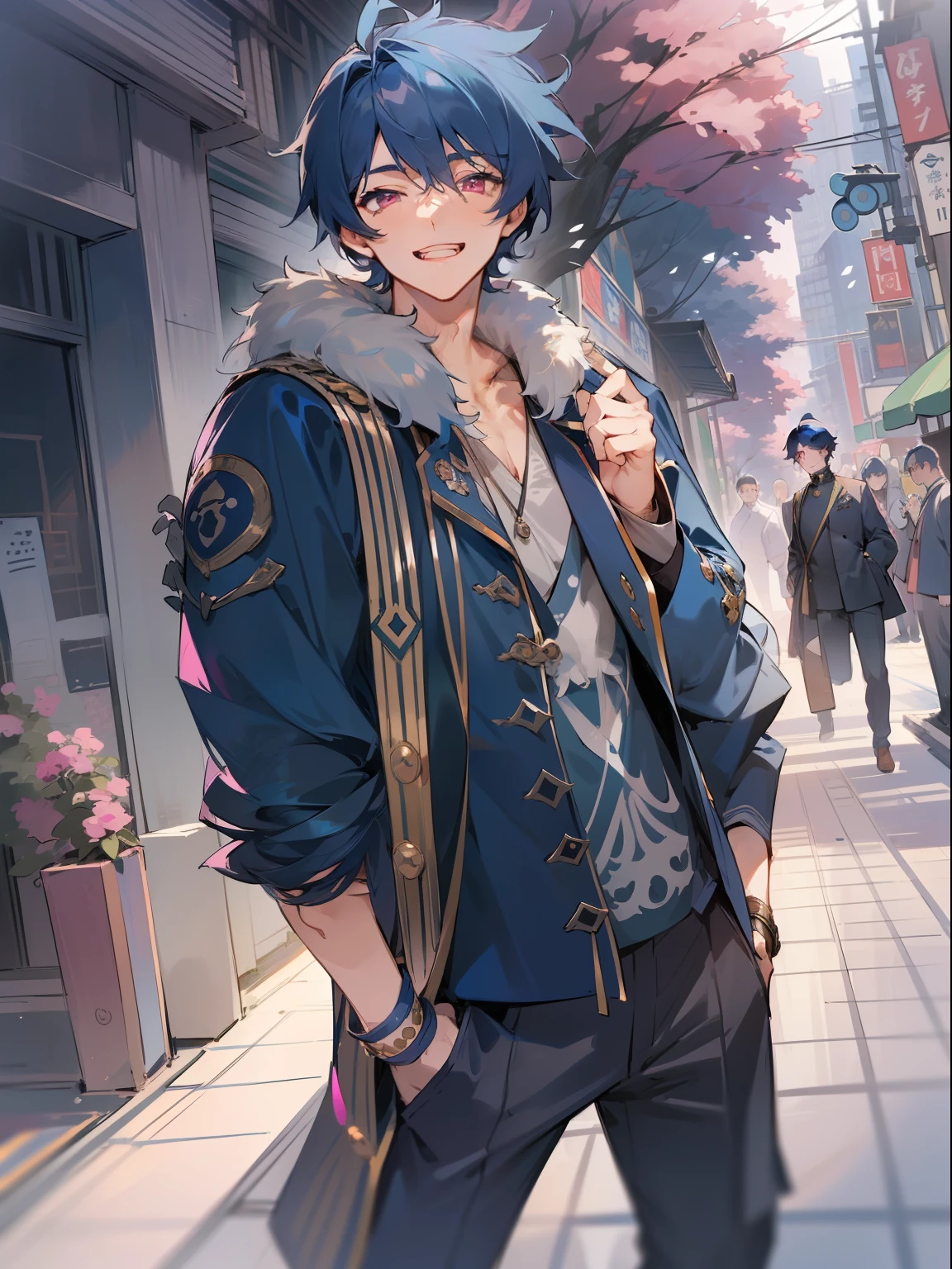 Ultra Detail,Haig Quality,sketch,1boy,matured male,Beautiful face,(Navy blue hair,Outer hair:1.3),Handsome men,Pearl skin,black tshirt,Moss Green Mod Coat,Dynamic Angle,Japan Anime,Pink eyes,Laugh,Like a cat's eye,city,male in his 20s,