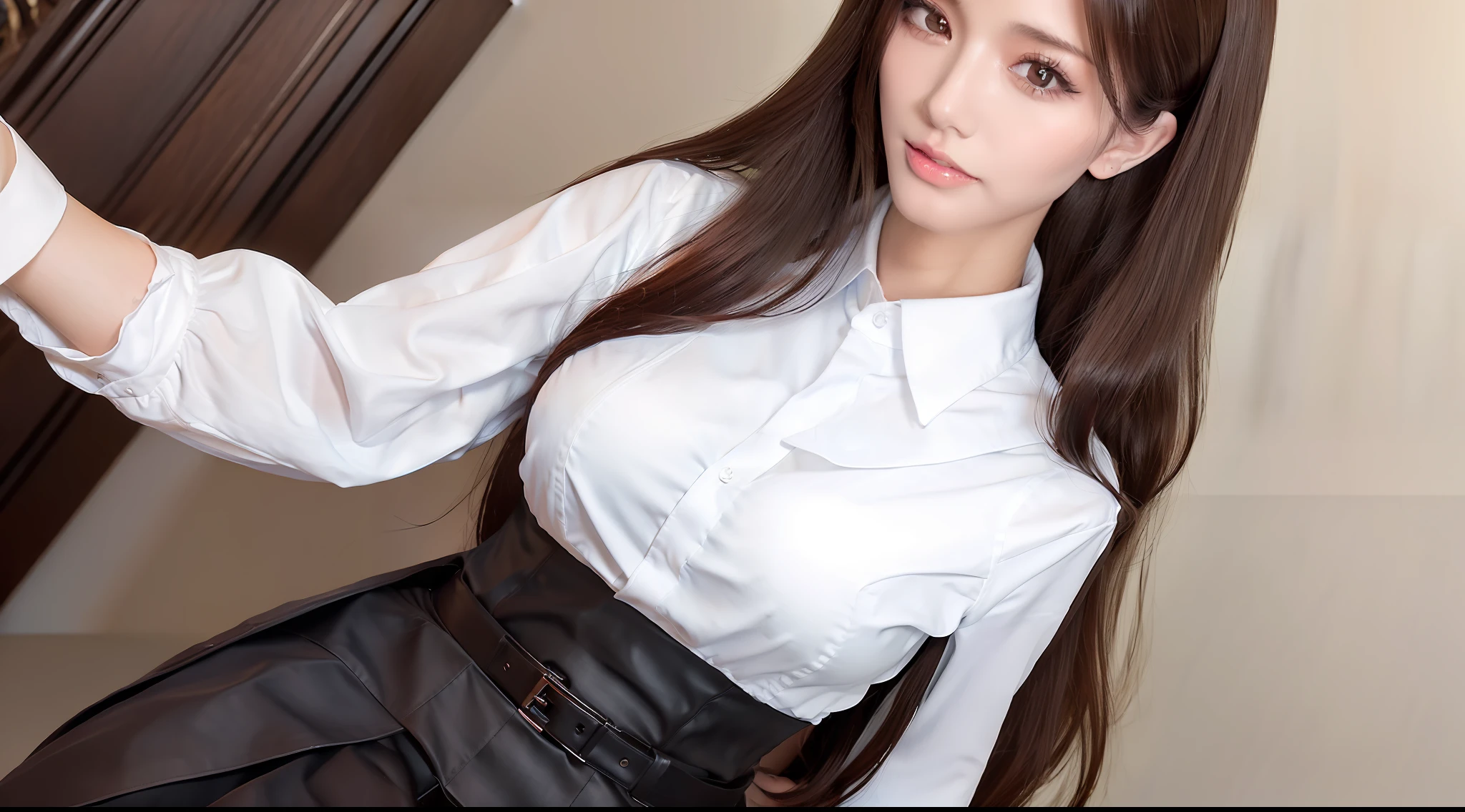 (Best quality, High resolution, Masterpiece :1.3), A tall and pretty woman, Slender abs, Dark brown hair styled in loose waves, Breasts, White button up shirt, Black pleated skirt, (Modern architecture in background), Details exquisitely rendered in the face and skin texture, Detailed eyes, Double eyelid
