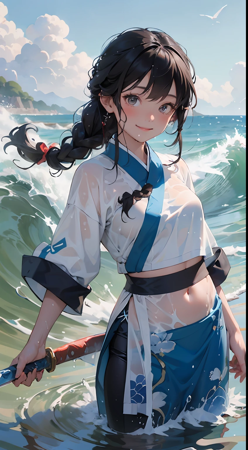 Masterpiece, 1girll, Close up, Wear blue Hanfu, Chinese Traditional Cloth, ((Hold the water sword,)) Long black hair, hair braids, blue waves background, Water Effects, Ink painting style, Belly button, Wet, Soaked, Smile,Big waves,The waves are flying,Spinning,Medium shot
