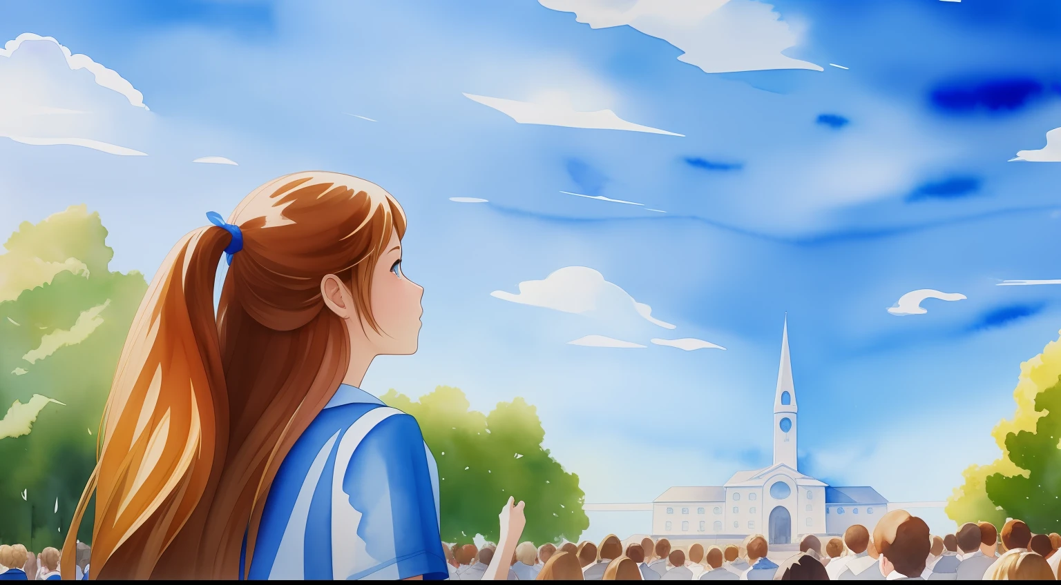 High school girl looking up at blue sky in crowd,Rear view,top-quality, mystical fantasy, Solitude,watercolor paiting