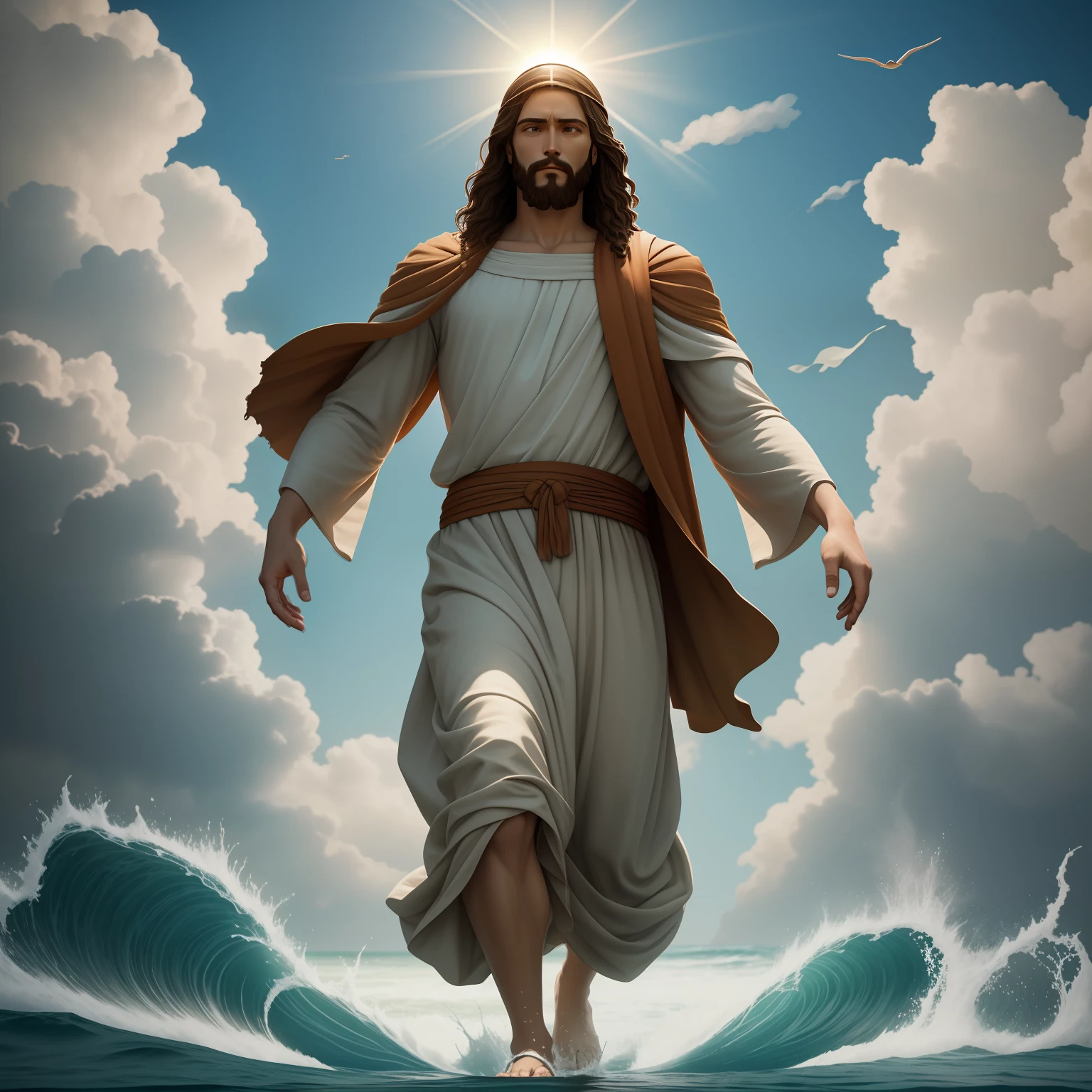 Jesus walking on water with a flying cloud in the background, Jesus walking on water, biblical illustration, epic biblical representation, forcing him to flee, coming out of the ocean, ! holding in hand!, disembarking, god of the ocean, beautiful representation, 8k 3D Model, realistic