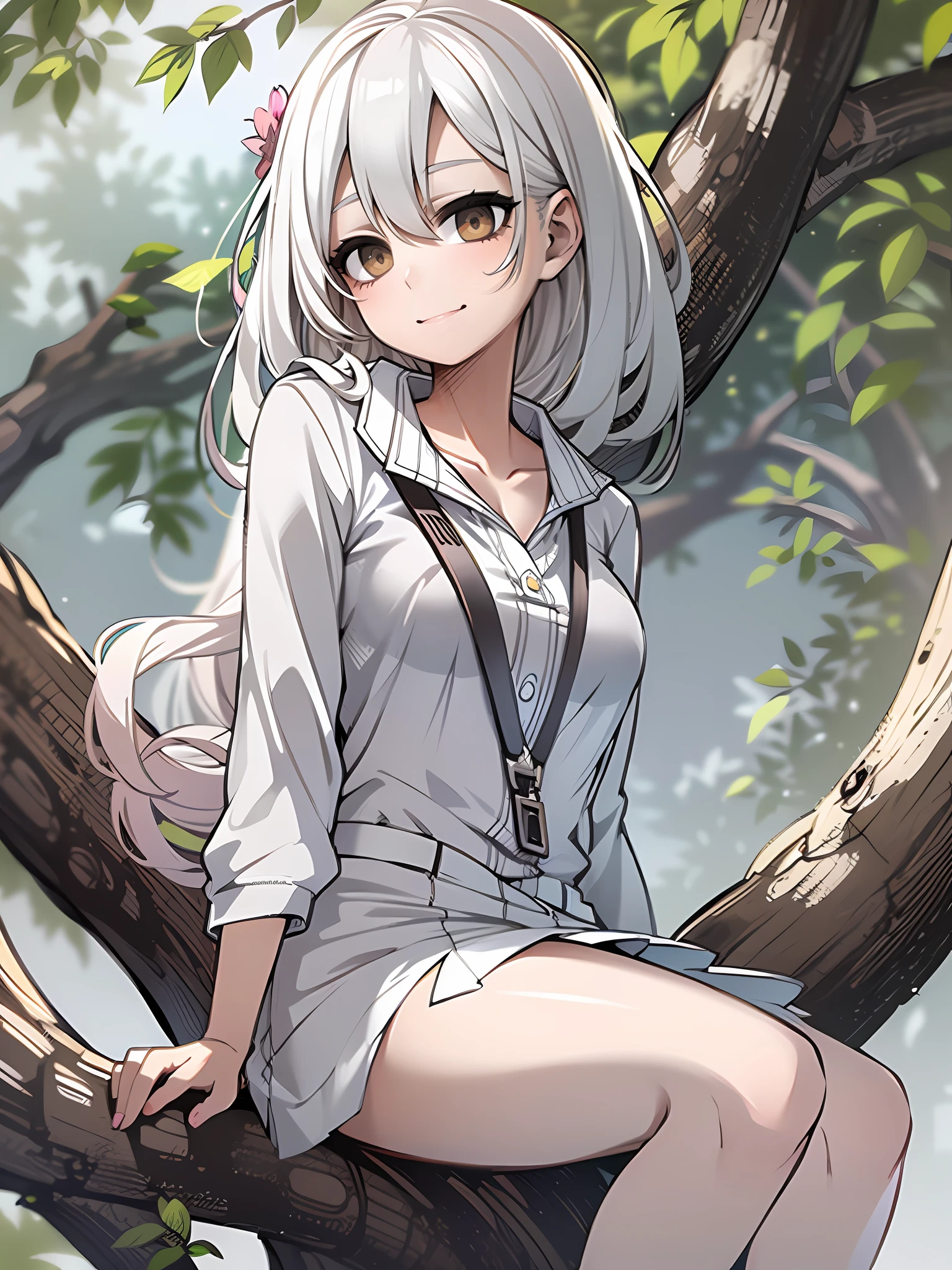 tmasterpiece, beste-Qualit, white colored hair, white eyes, haughty look, mid length hair, Thin clothing, a 1girl, slight smile, sitting on a tree, spreading legs