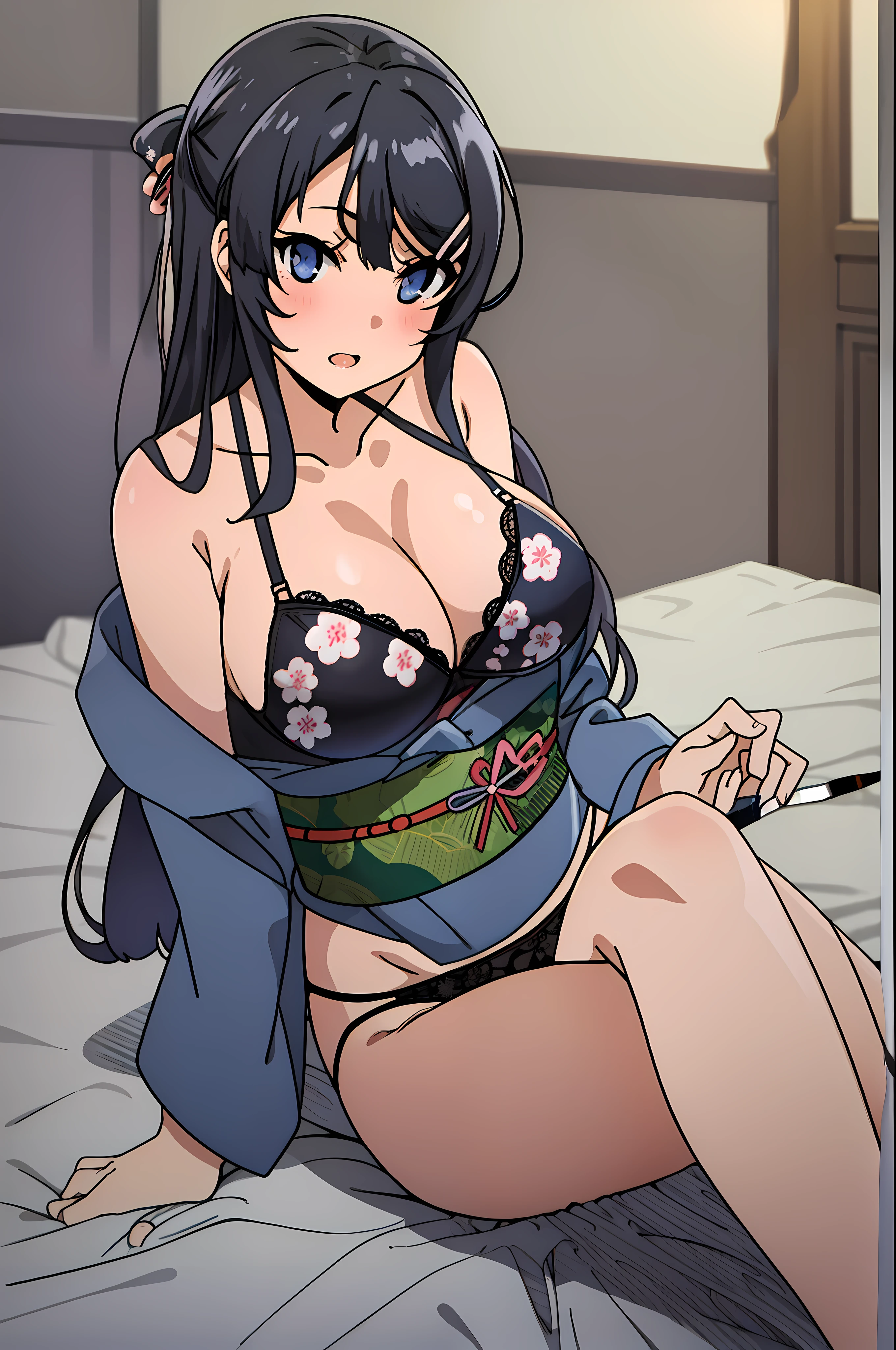 sakurajima mai, mai-san, (masterpiece), 1girl, japanese clothes, solo, sexy kimono, kimono, show panties, show bra, black panties, black bra, medium breasts, cleavage, blush, paintbrush, calligraphy brush, bedroom background, ink, bare breasts, off breast, looking at viewer, sash, smile, collarbone, sitting, obi, floral print, wide sleeves, parted bangs, between breasts, holding, open mouth, nsfw, low-necked, sexy, (high resolution)