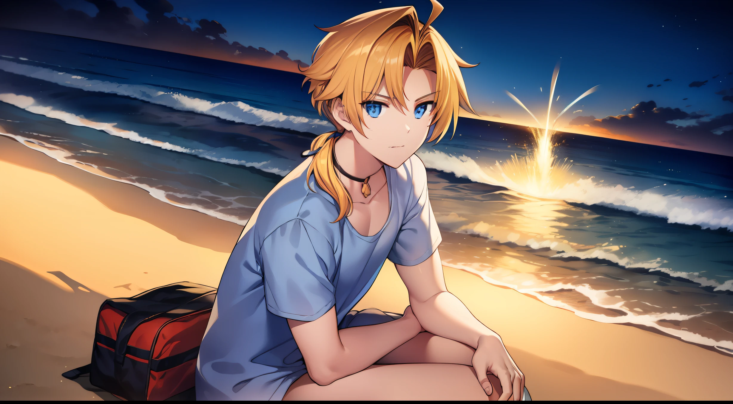 1man,Golden hair,pony tails,blue color eyes,beachside,deep in the night,fire works,swim wears,No bra,Sitting