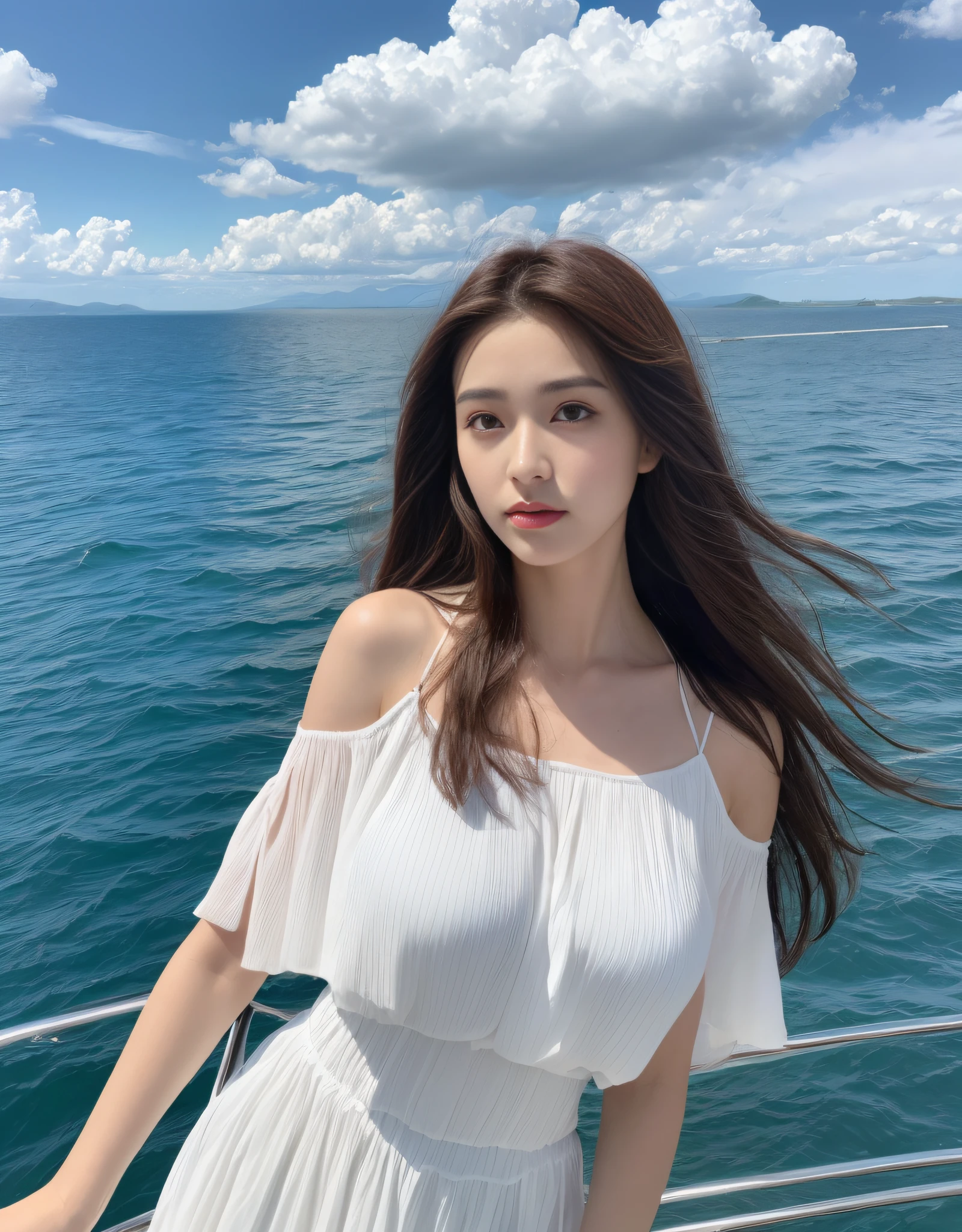 (Daytime, Excellent, 8K, Masterpiece:1.3)), Full body, Long legs, Focal length: 1.2, Perfect Body Beauty: 1.4, Slim Abs: 1.1, ((Dark Brown Hair, Big Breasts: 1.2 )), (White Dress, Standing: 1.2), ((Sea, Blue Sky and White Clouds: 1.3)), Highly detailed face and skin texture, Detailed eyes, Double eyelids, long flying hair