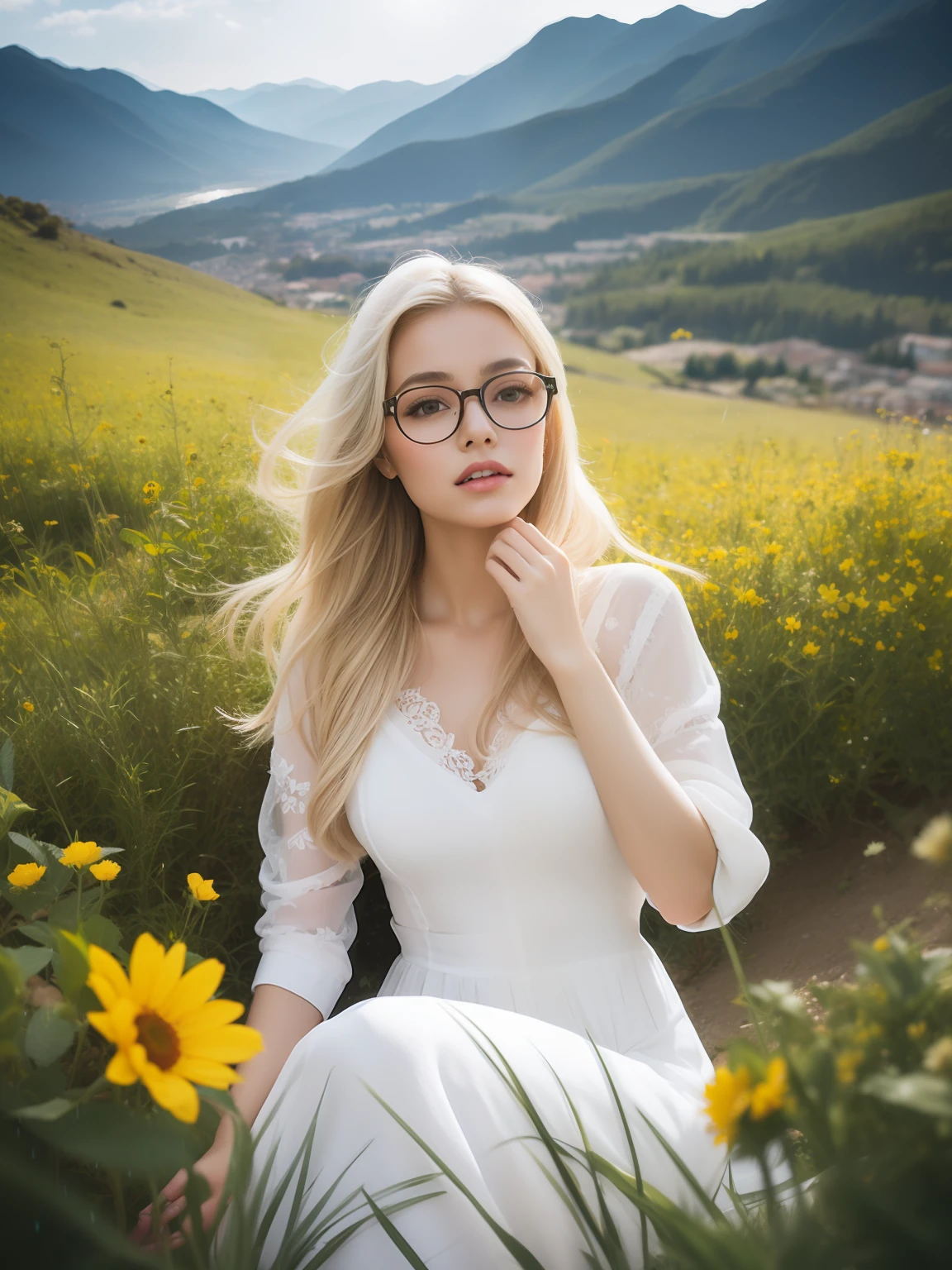 french woman,Yellow hair,Blue glasses,(8K, RAW photo, Best quality, Masterpiece:1.2), (Realistic, photo-realistic:1.37),1 girl, Full body photo, long whitr hair, Flowing hair, Hazy beauty, Extremely beautiful facial features, White embroidered dress, Hairpin on the head, Lie in the flowers, Hand dragging chin, Perfect hand, flor branca, (Spring, rainy days, terraced, Mountains), Simple art, Contemporary art, Soft light, Tangled scarves, High-altitude overlooking