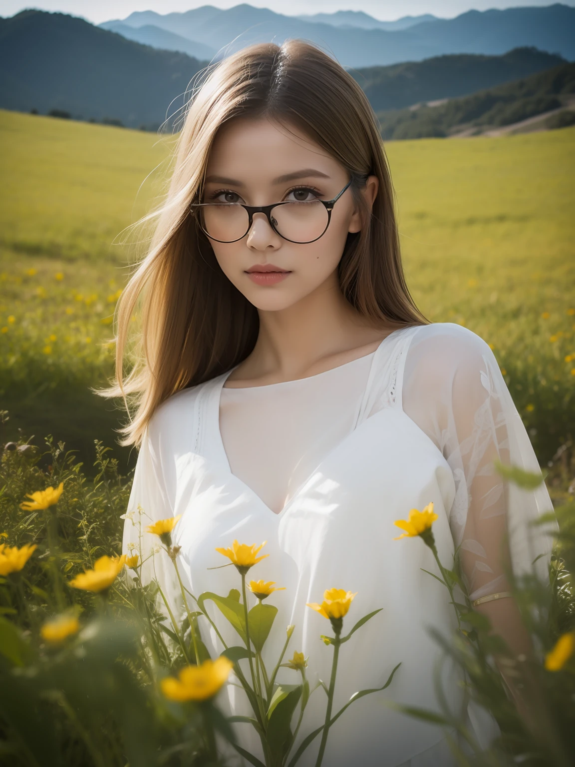 french woman，Yellow hair，Blue glasses，(8K, RAW photo, Best quality, Masterpiece:1.2), (Realistic, photo-realistic:1.37),1 girl, Full body photo, long whitr hair, Flowing hair, Hazy beauty, Extremely beautiful facial features, White embroidered dress, Hairpin on the head, Lie in the flowers, Hand dragging chin, Perfect hand, flor branca, (Spring, rainy days, terraced, Mountains), Simple art, Contemporary art, Soft light, Tangled scarves, High-altitude overlooking