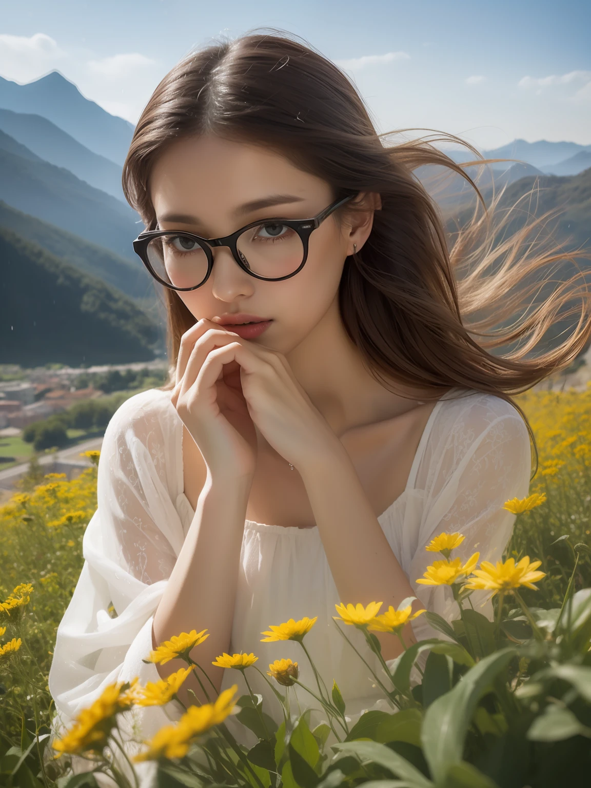 french woman，Yellow hair，Blue glasses，(8K, RAW photo, Best quality, Masterpiece:1.2), (Realistic, photo-realistic:1.37),1 girl, Full body photo, long whitr hair, Flowing hair, Hazy beauty, Extremely beautiful facial features, White embroidered dress, Hairpin on the head, Lie in the flowers, Hand dragging chin, Perfect hand, flor branca, (Spring, rainy days, terraced, Mountains), Simple art, Contemporary art, Soft light, Tangled scarves, High-altitude overlooking