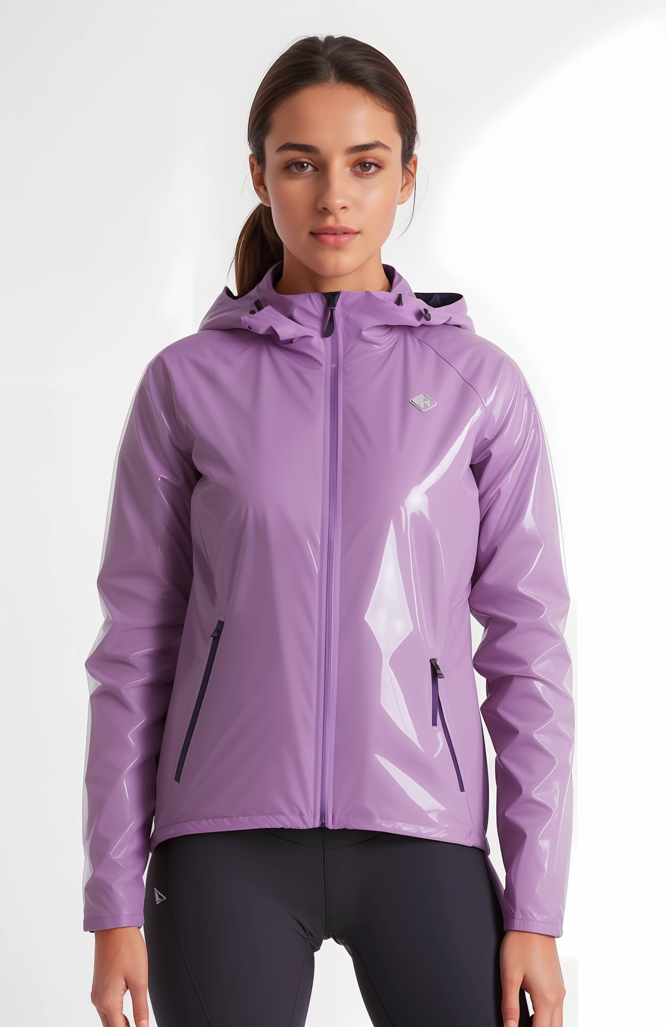 uma mulher vestindo uma jaqueta roxa e leggings, Purple jacket, roupas esportivas, suit jacket, fosco, roupas esportivas, jaqueta esportiva, F / 2 0, uma jaqueta de terno roxo, jaqueta sobre tronco nu, wētā fx, Motivacional, She's wearing a matte coat., jaqueta curta, Aura roxa, wearing translucent sheet, chuvoso