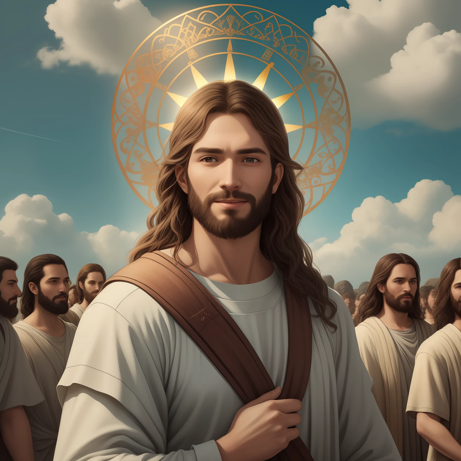 a 3D Realistic of jesus with a halo in the sky, jesus christ, smiling in heaven, portrait of jesus christ, jesus face, 33 young almighty god, portrait of a heavenly god, greg olsen, gigachad jesus, jesus of nazareth, jesus, the face of god, god looking at me, he is greeting you warmly, he is happy, avatar image